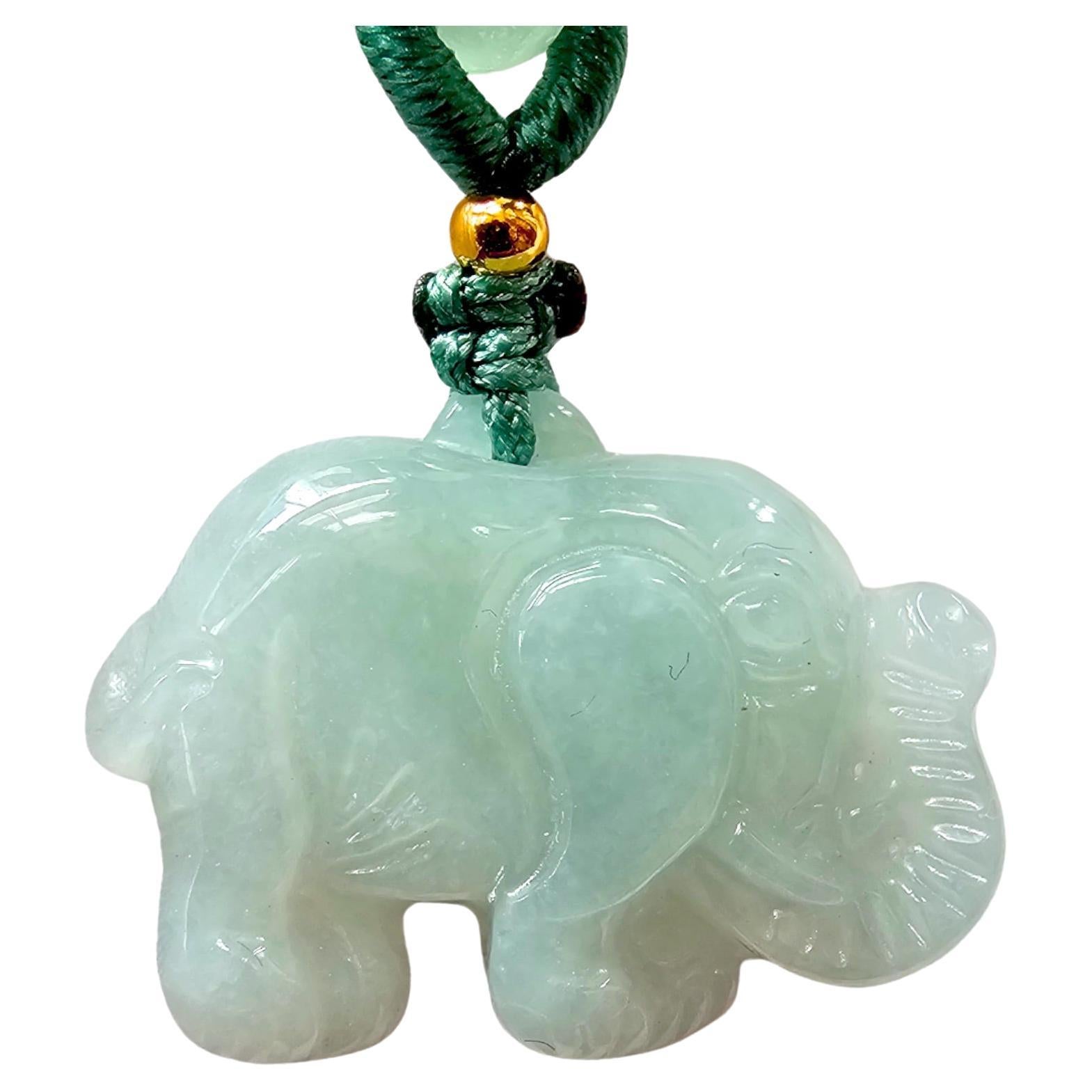 Sapporo Burmese A-Jadeite Elephant Pendant Necklace with FYORO String For Sale