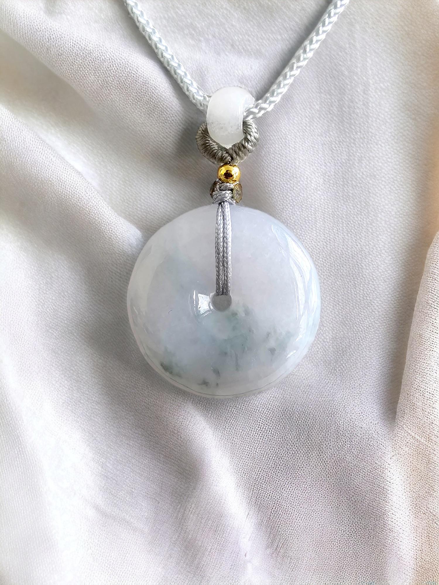 Sapporo Burmese A-Jadeite Icy 25mm Donut Pendant Necklace with FYORO String For Sale 5