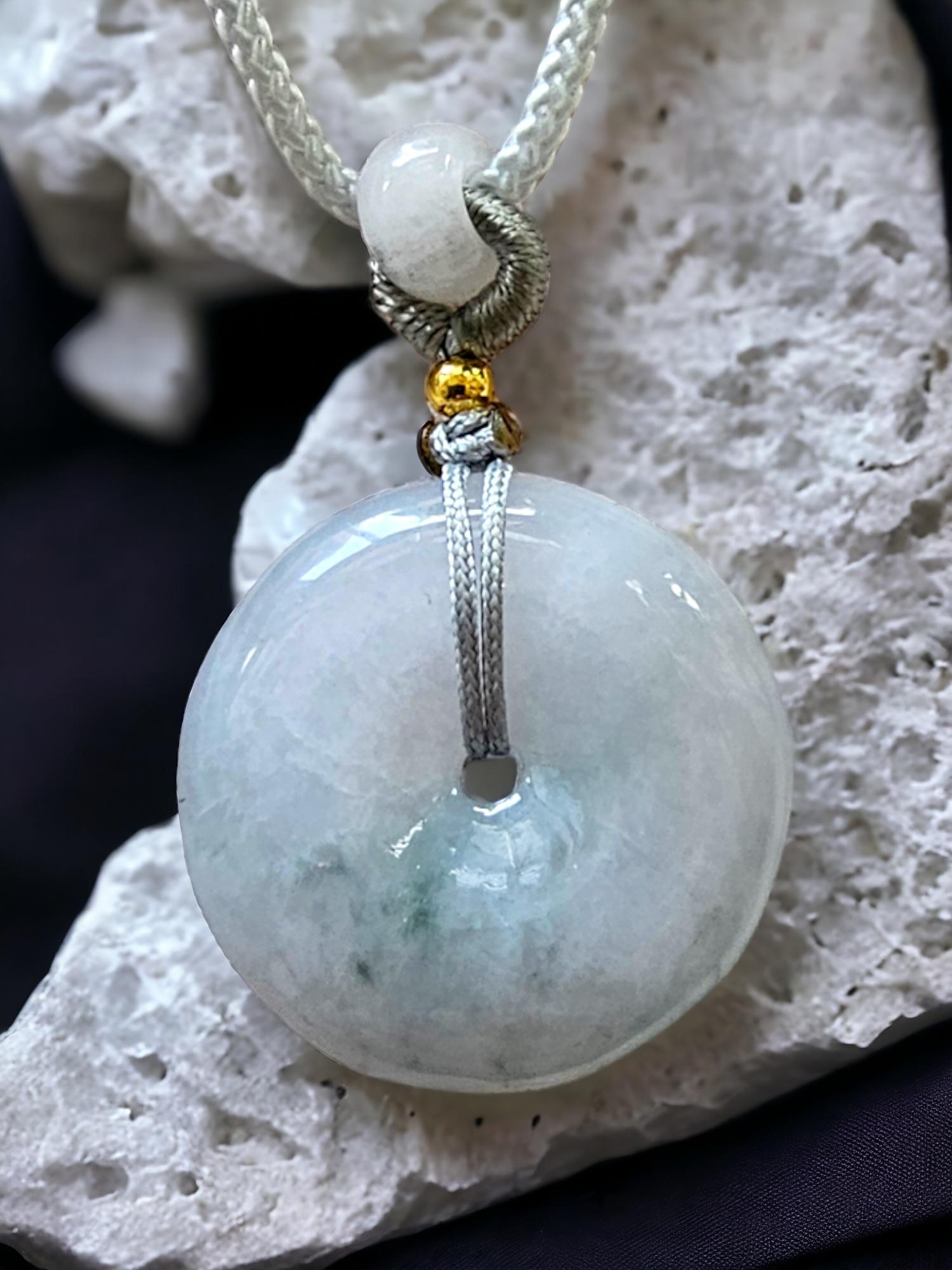Cabochon Sapporo Burmese A-Jadeite Icy 25mm Donut Pendant Necklace with FYORO String For Sale