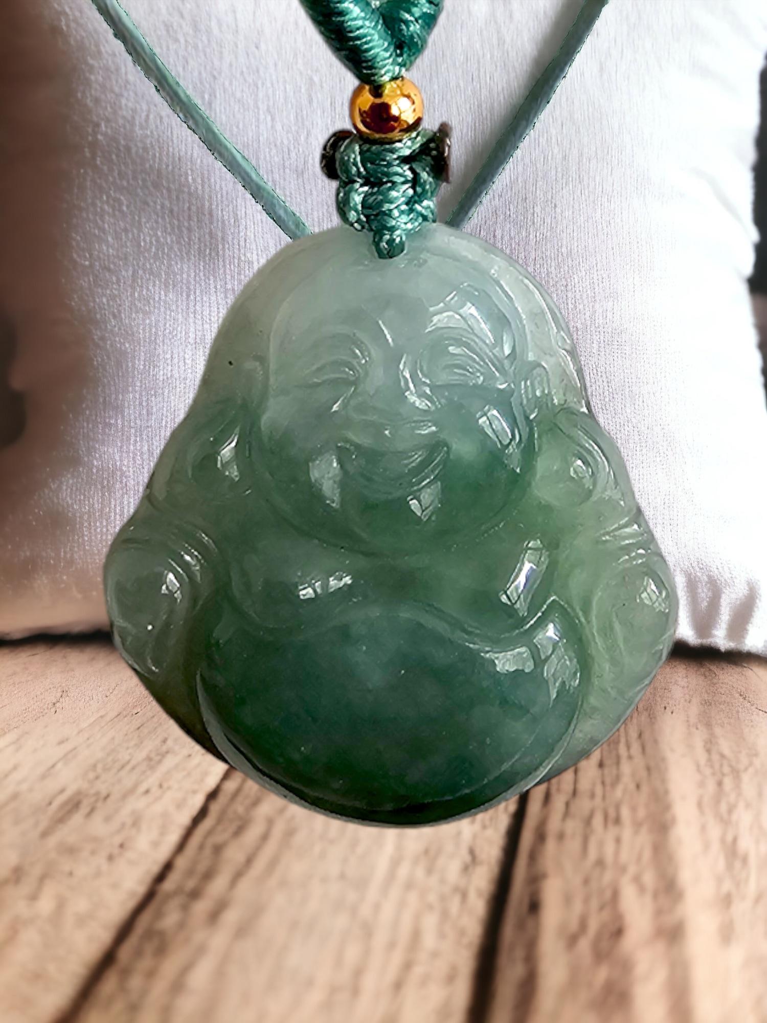 Sapporo Burmese A-Jadeite Laughing Buddha Pendant Necklace with FYORO String For Sale 5