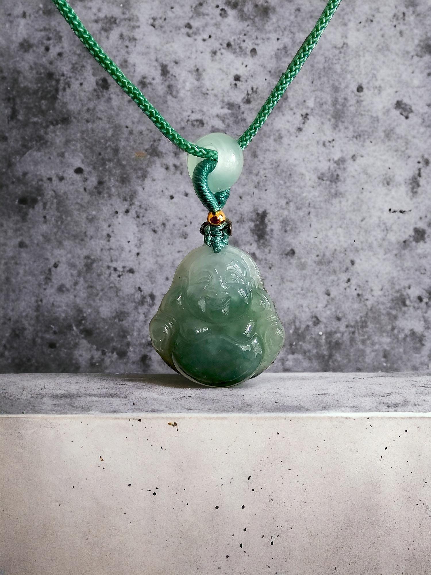 Cabochon Sapporo Burmese A-Jadeite Laughing Buddha Pendant Necklace with FYORO String For Sale
