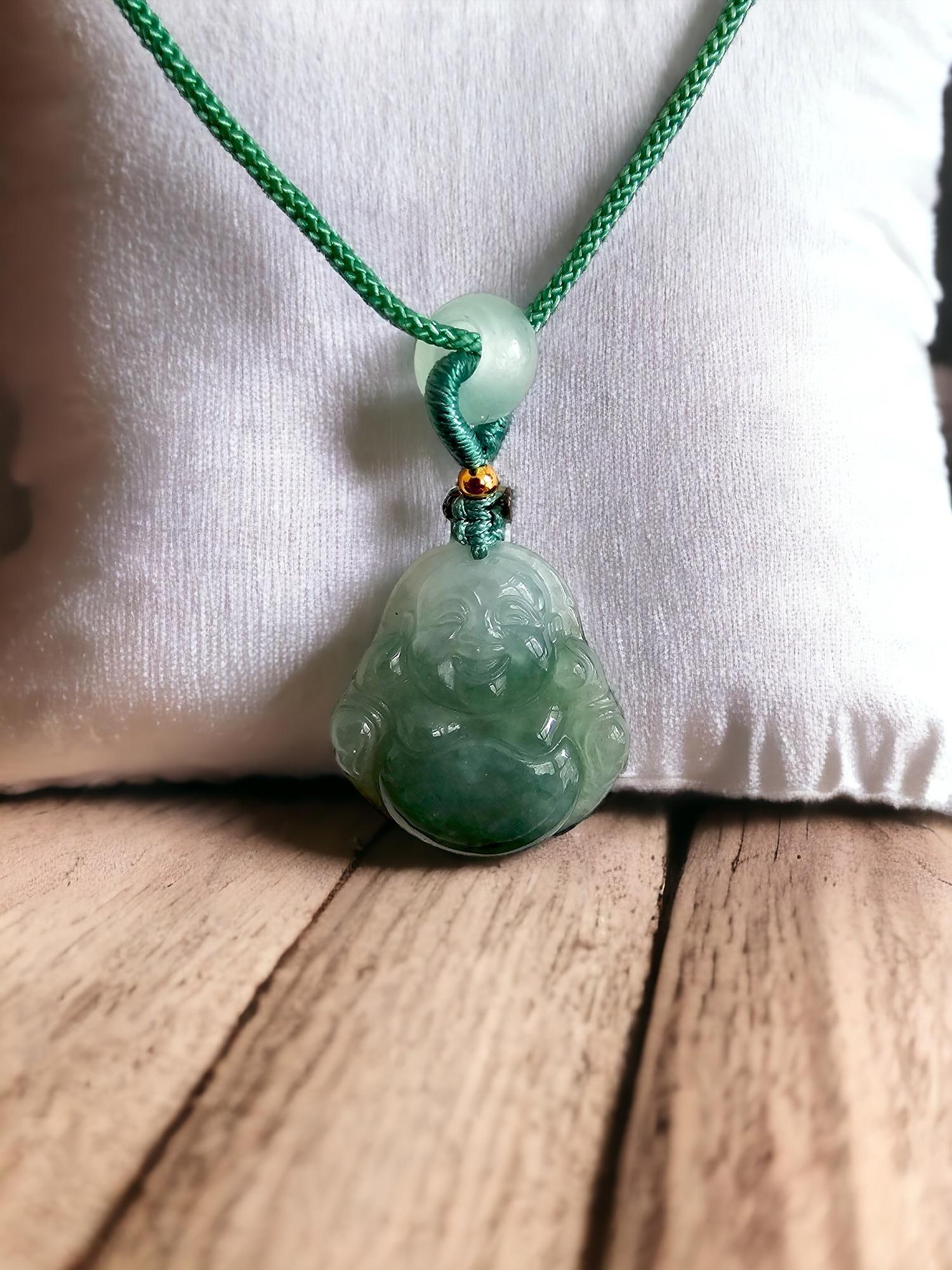 Sapporo Burmese A-Jadeite Laughing Buddha Pendant Necklace with FYORO String In New Condition For Sale In Kowloon, HK