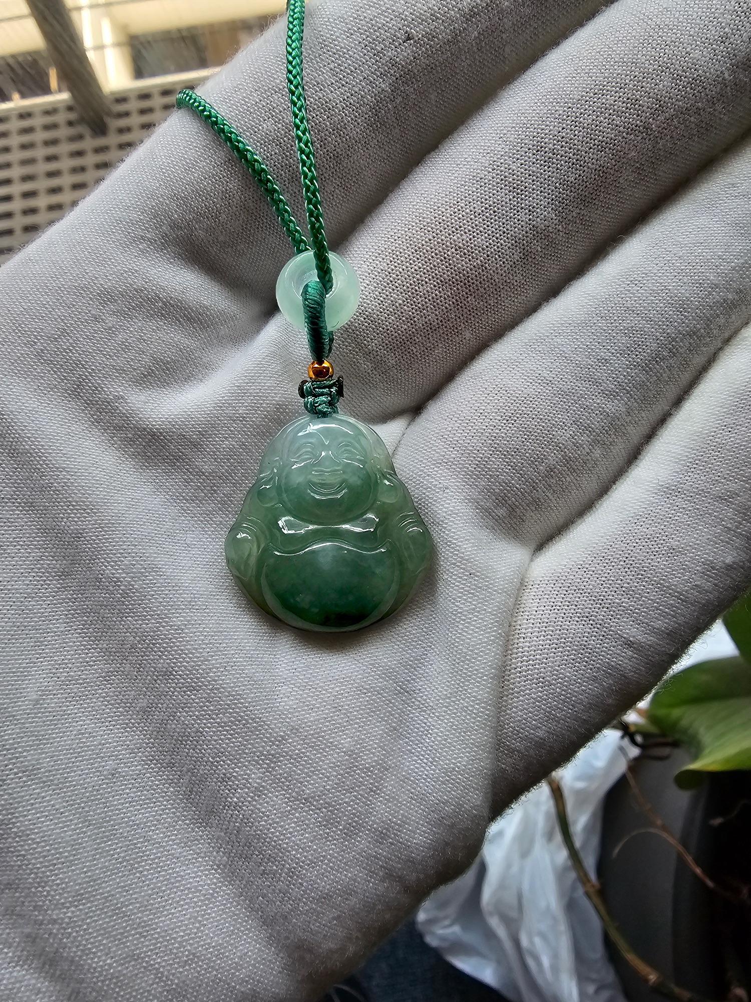 Women's or Men's Sapporo Burmese A-Jadeite Laughing Buddha Pendant Necklace with FYORO String For Sale