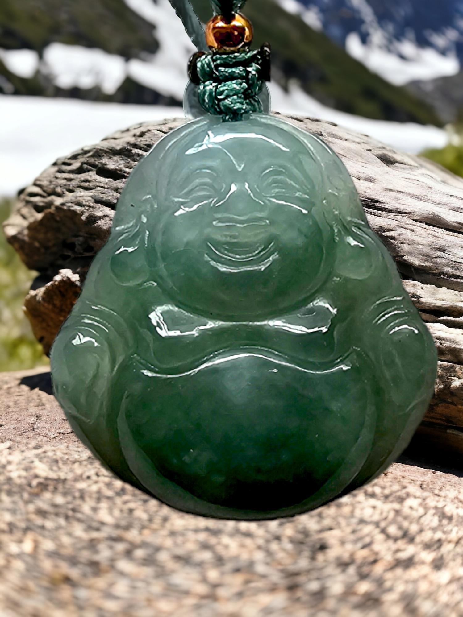 Sapporo Burmese A-Jadeite Laughing Buddha Pendant Necklace with FYORO String For Sale 1