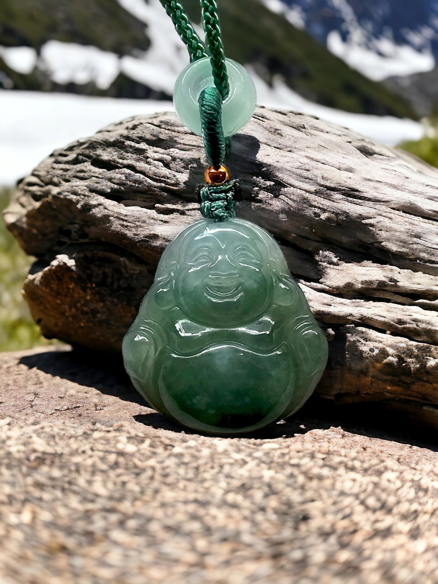 Sapporo Burmese A-Jadeite Laughing Buddha Pendant Necklace with FYORO String For Sale 2