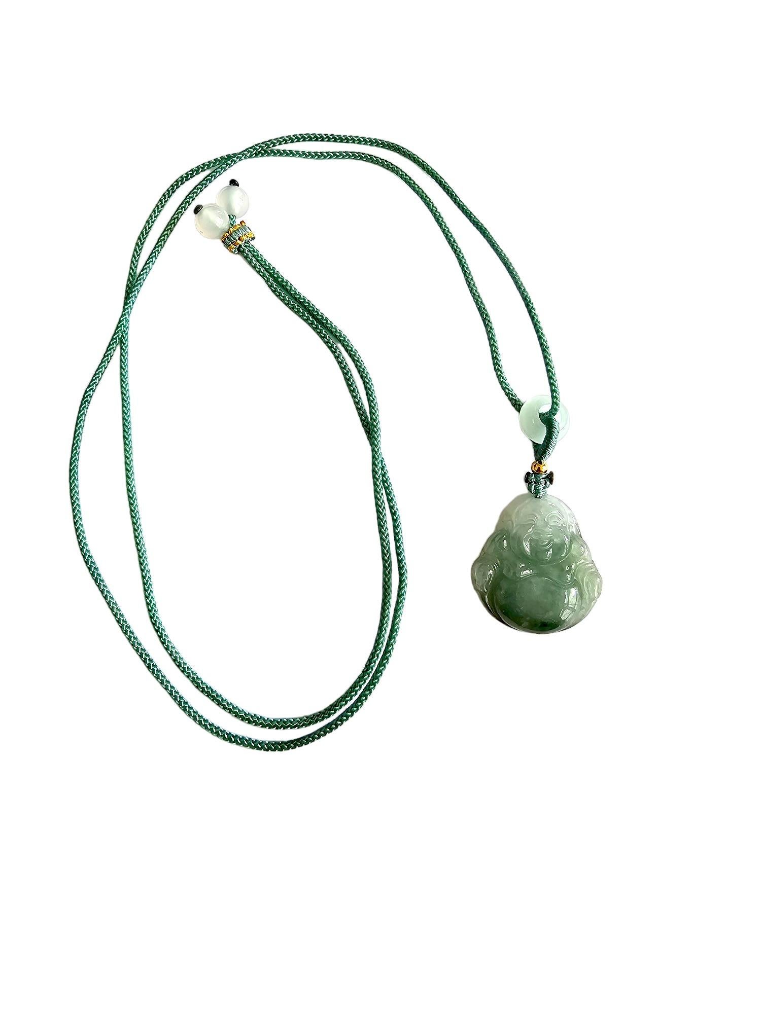 Sapporo Burmese A-Jadeite Laughing Buddha Pendant Necklace with FYORO String For Sale 3