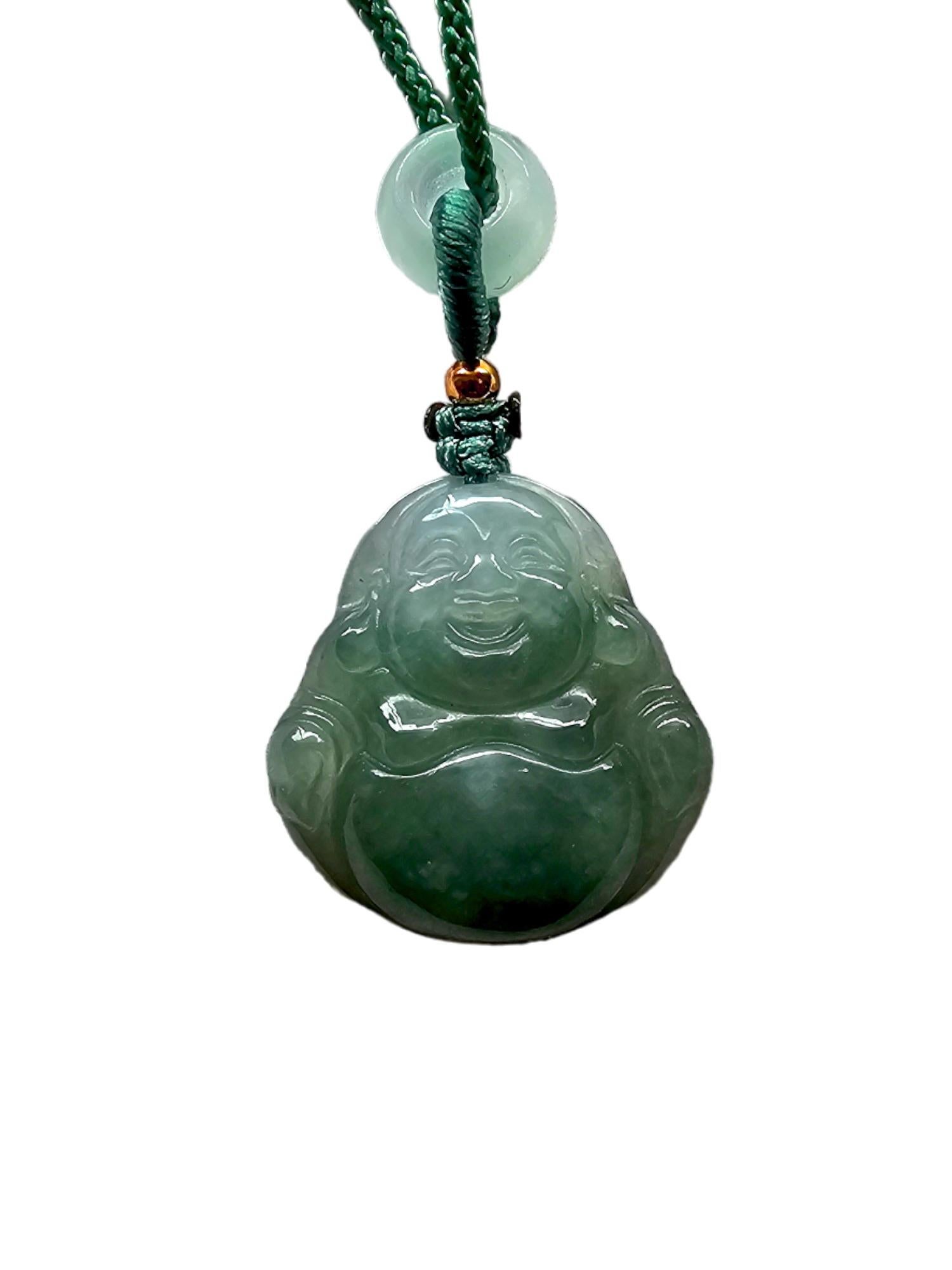 Sapporo Burmese A-Jadeite Laughing Buddha Pendant Necklace with FYORO String For Sale 4