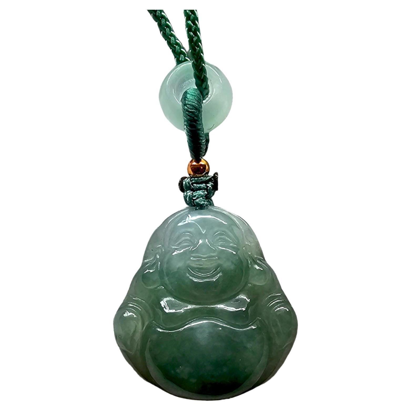 Sapporo Burmese A-Jadeite Laughing Buddha Pendant Necklace with FYORO String For Sale