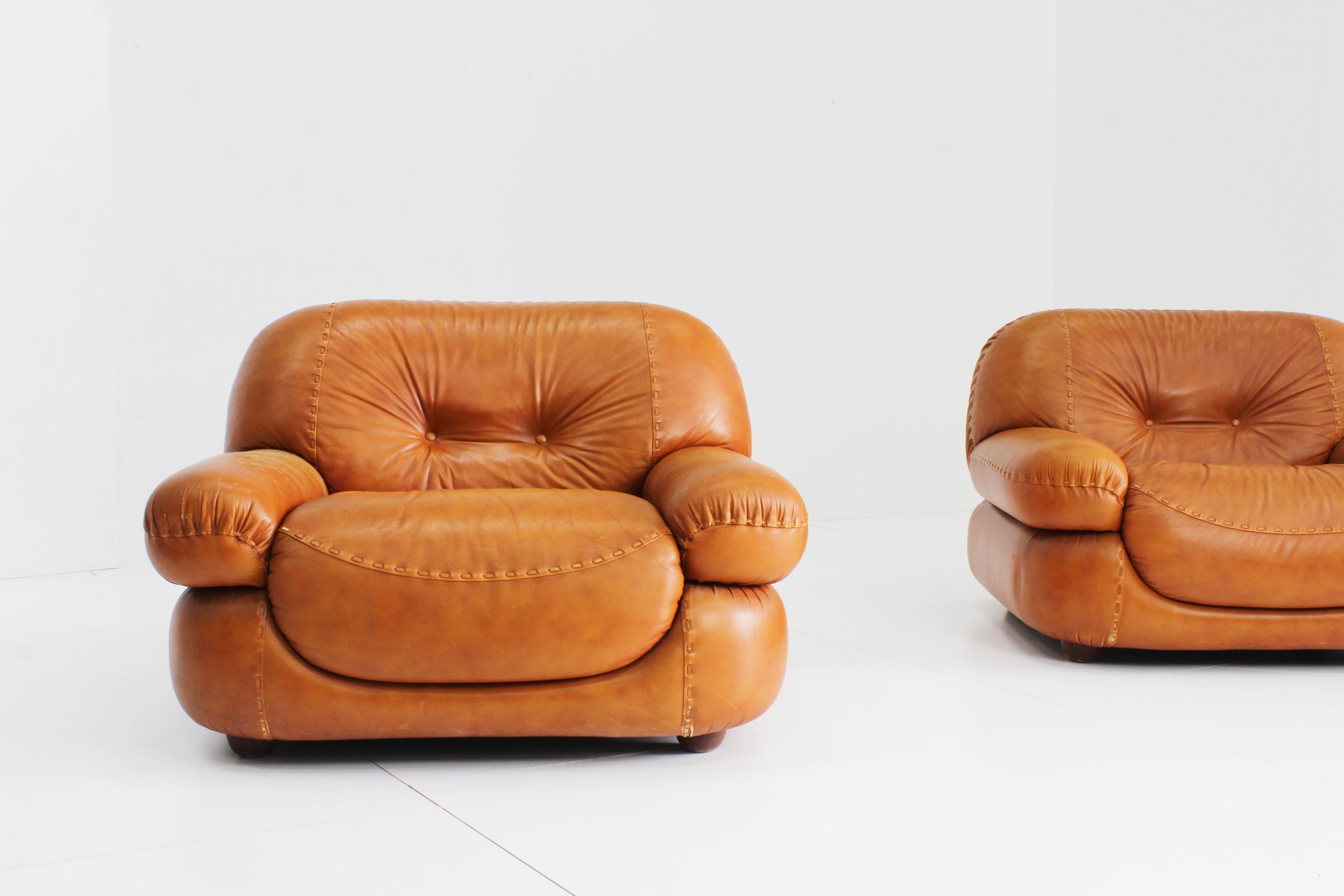 Sapporo Cognac Leather Armchairs by Mobil Girgi, Italy, 1970s, Set of 2 4