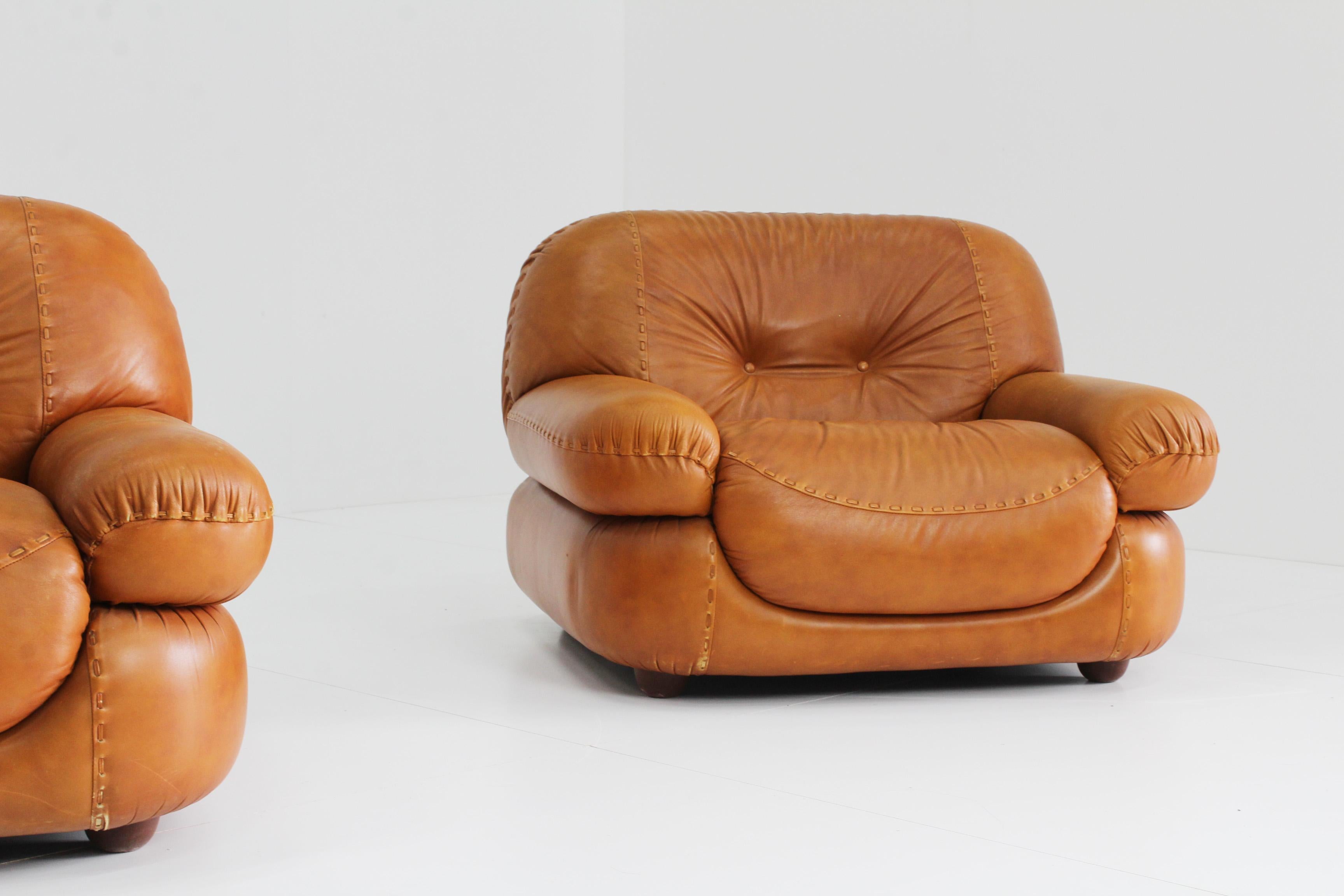Sapporo Cognac Leather Armchairs by Mobil Girgi, Italy, 1970s, Set of 2 5