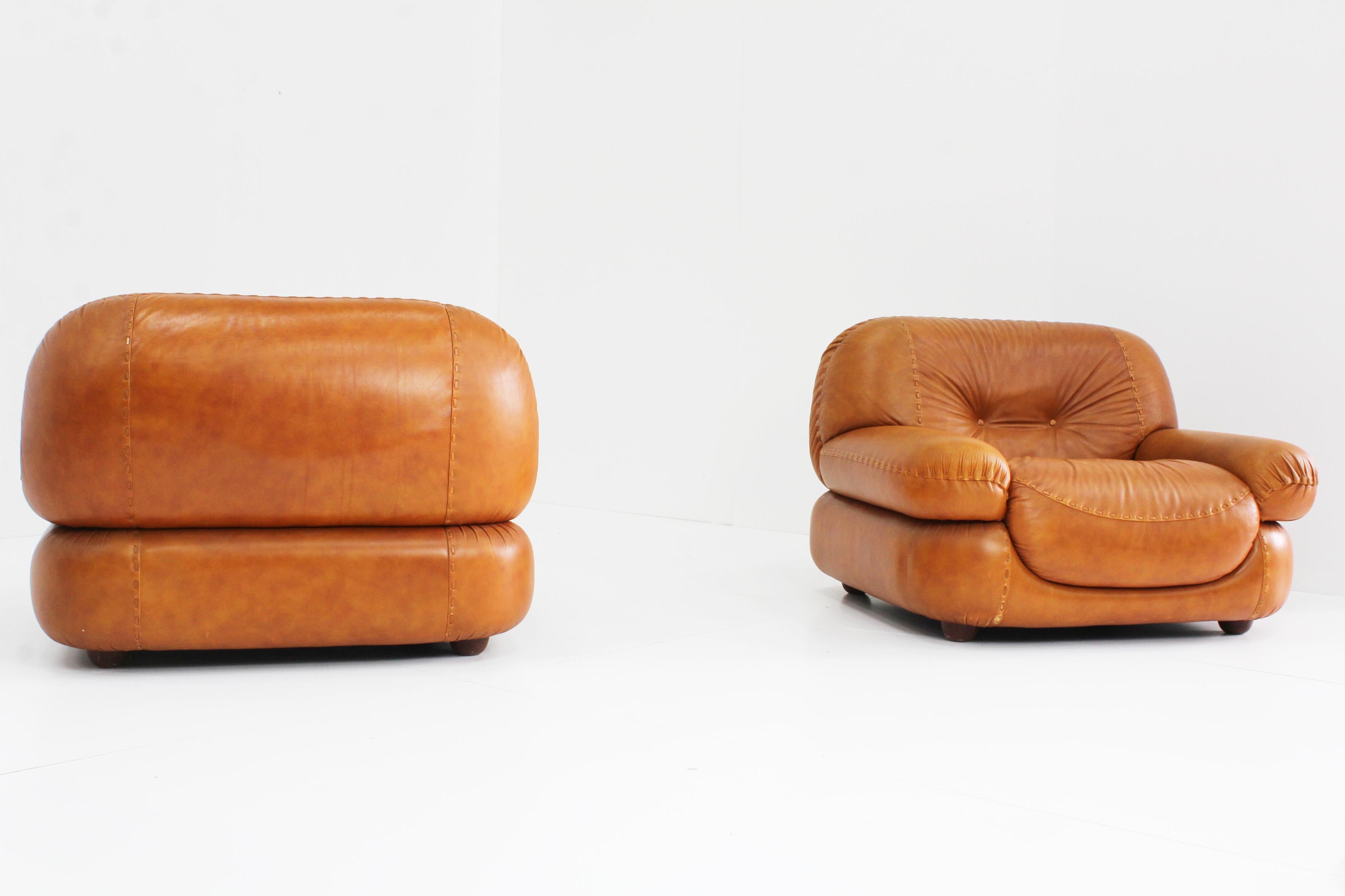 Sapporo Cognac Leather Armchairs by Mobil Girgi, Italy, 1970s, Set of 2 6