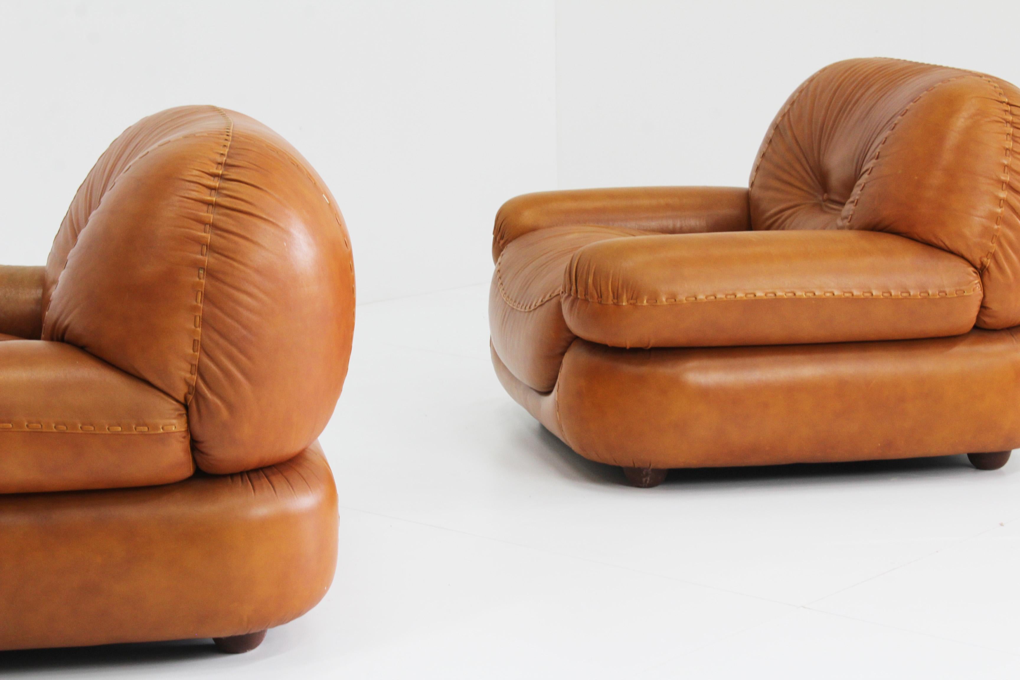 Sapporo Cognac Leather Armchairs by Mobil Girgi, Italy, 1970s, Set of 2 1