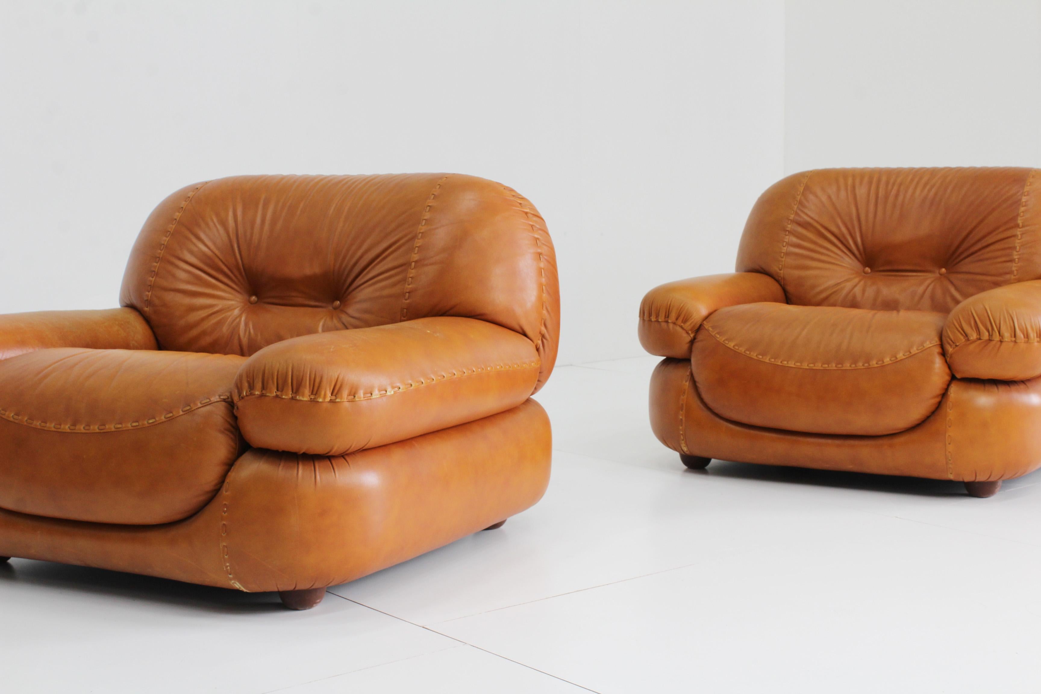 Sapporo Cognac Leather Armchairs by Mobil Girgi, Italy, 1970s, Set of 2 2