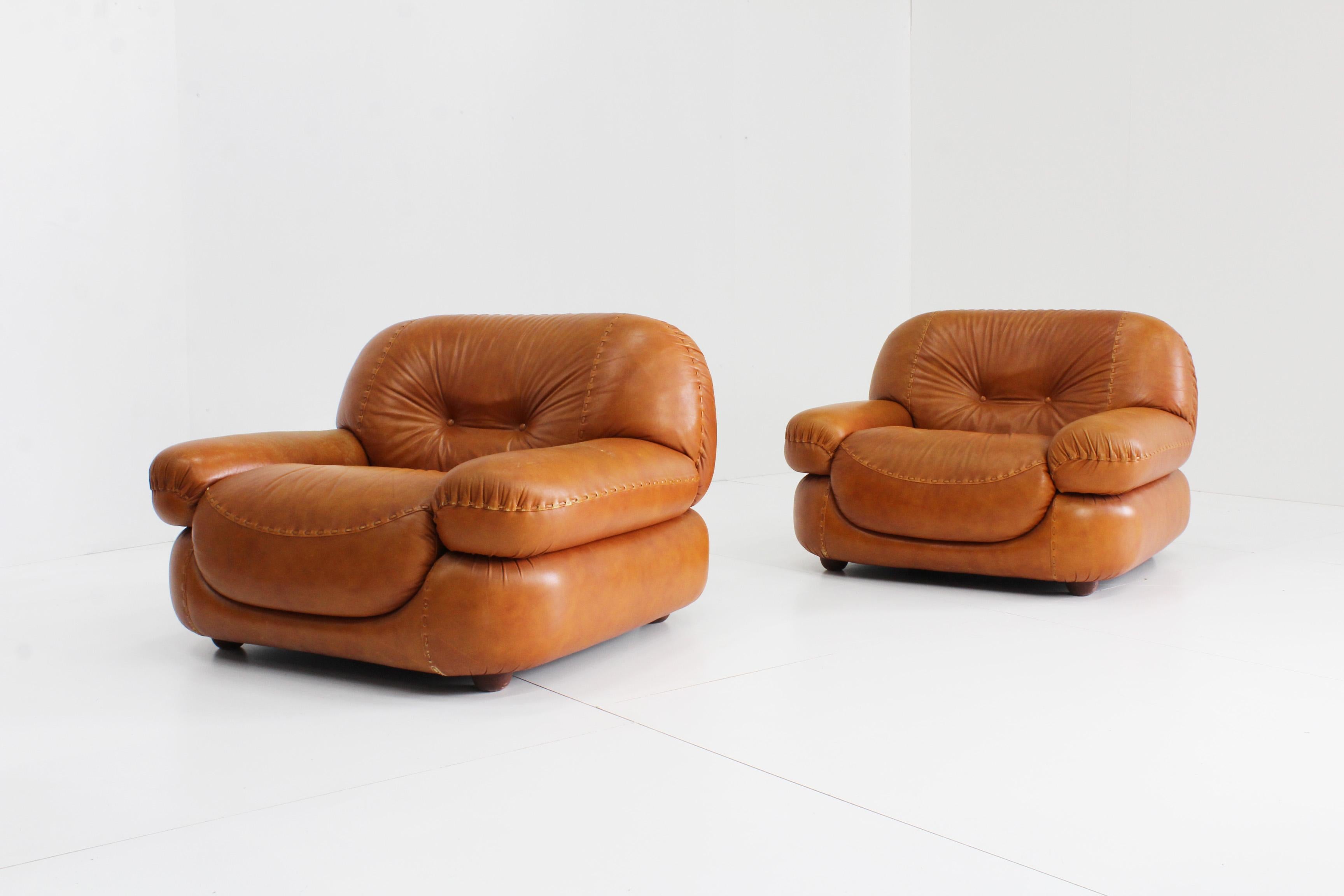 Sapporo Cognac Leather Armchairs by Mobil Girgi, Italy, 1970s, Set of 2 3