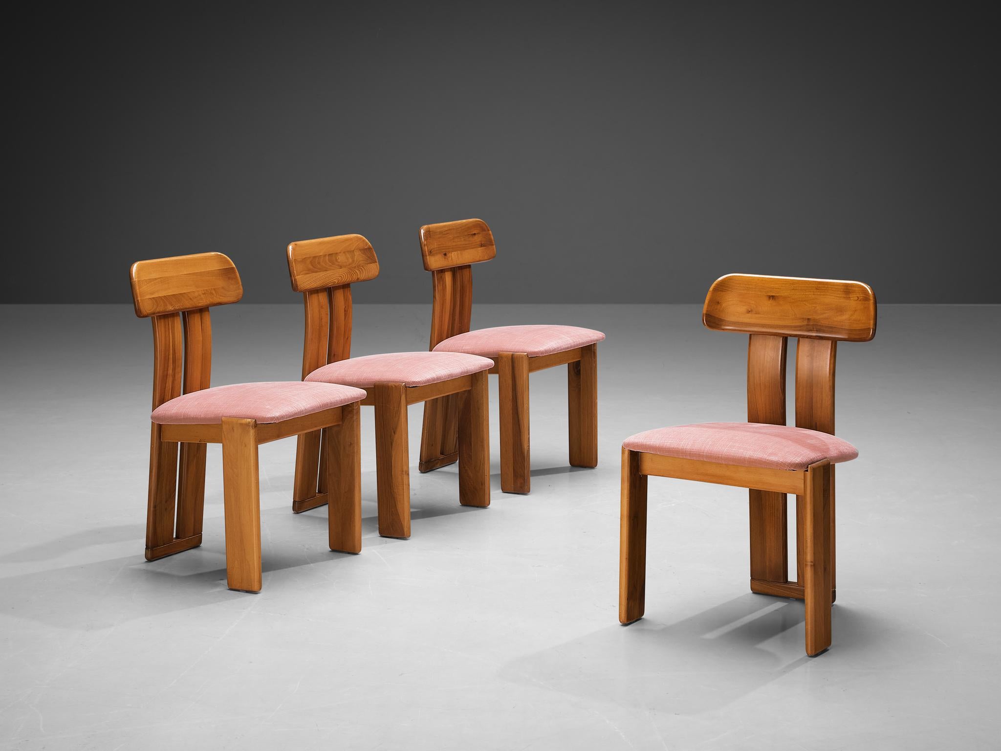 Sapporo for Mobil Girgi, set of four dining chairs, walnut, fabric, Italy, 1970s 

Set of four sculptural chairs upholstered in pink fabric, which is in overall good condition. These chairs feature wonderful backrests, consisting of two vertical