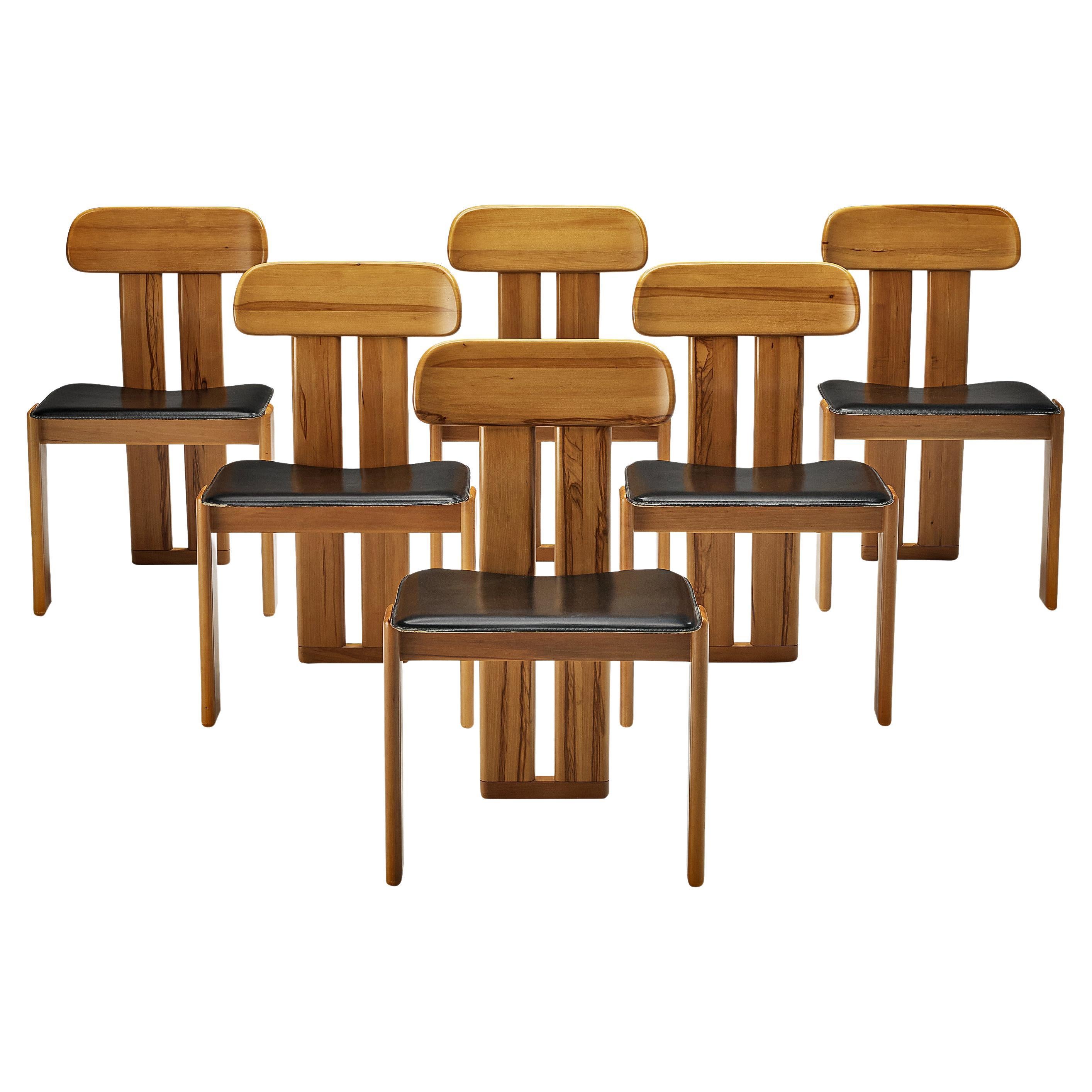 Sapporo Set of Six Dining Chairs in Walnut and Black Leather