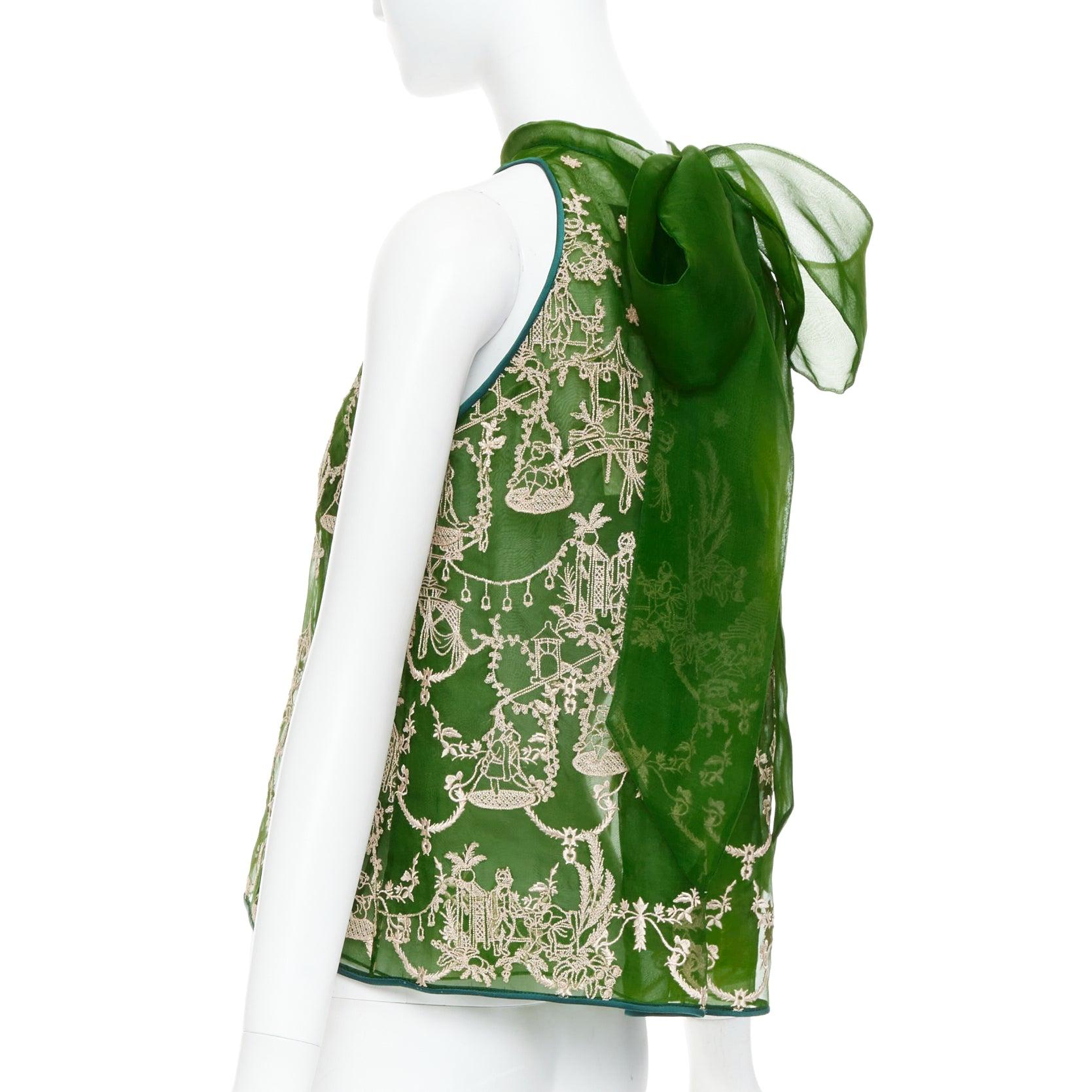 SAPTO DJOJOKARTIKO top sin mangas bordado oriental verde beige en venta 1
