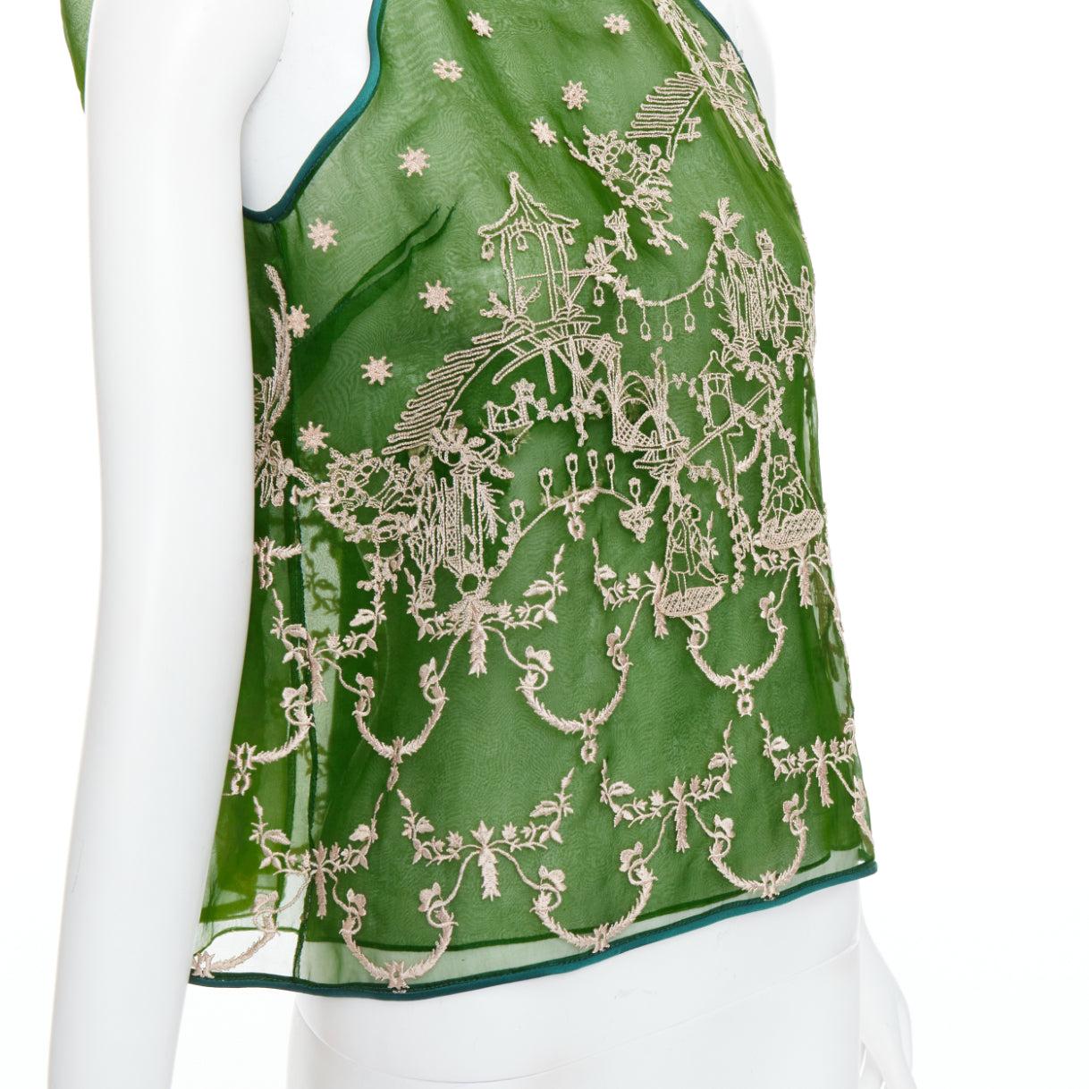 SAPTO DJOJOKARTIKO top sin mangas bordado oriental verde beige en venta 2