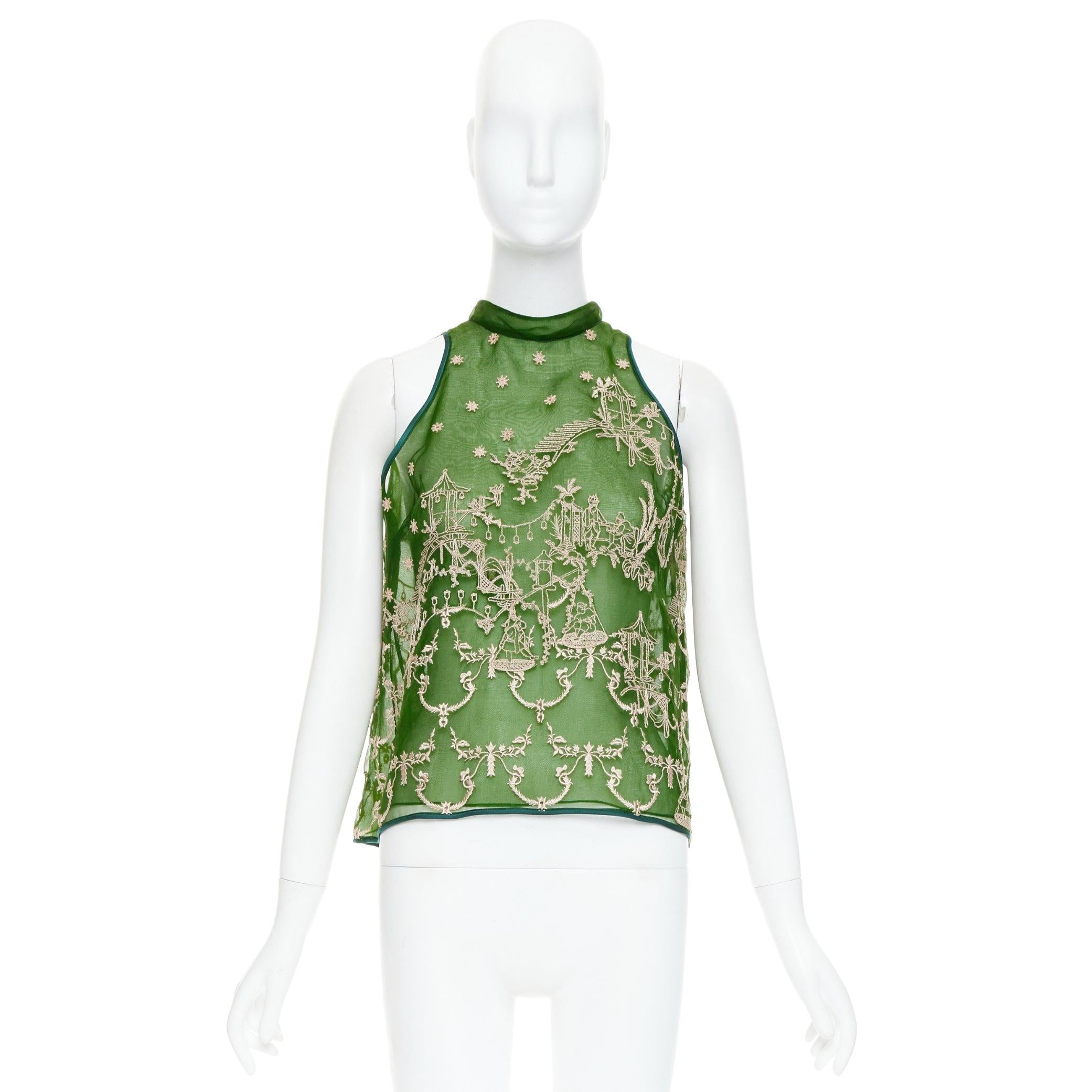SAPTO DJOJOKARTIKO top sin mangas bordado oriental verde beige en venta 4