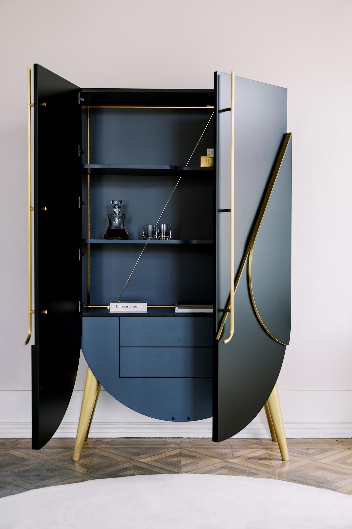 Brushed Modern Saqris Bar Cabinet, Black and Brass, Handmade in Portugal by Greenapple For Sale