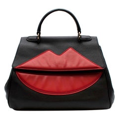 Sara Battaglia Black Leather Lips Tote Bag