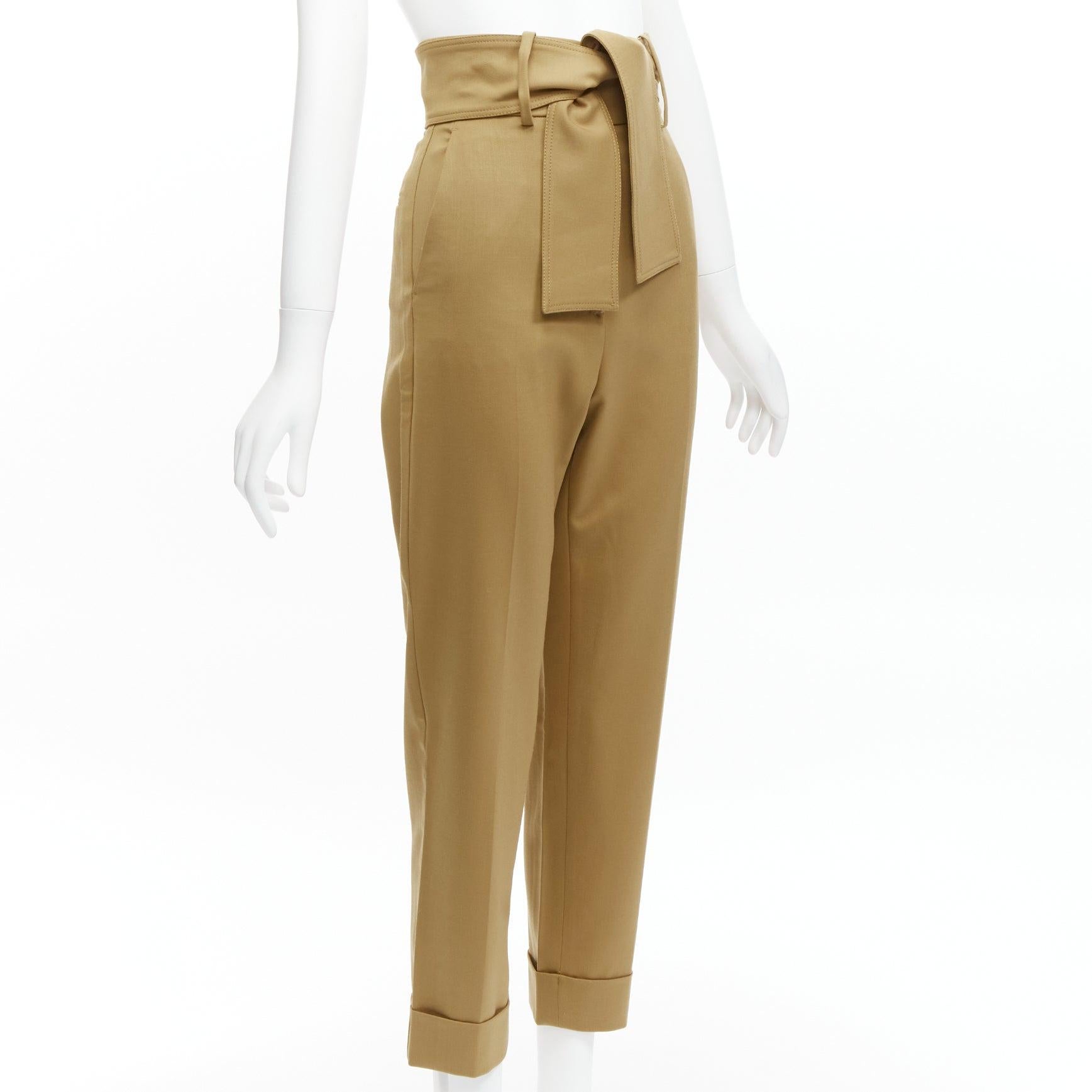 Brown SARA BATTAGLIA khaki wool blend high waisted tie belt cuffed tapered pants For Sale