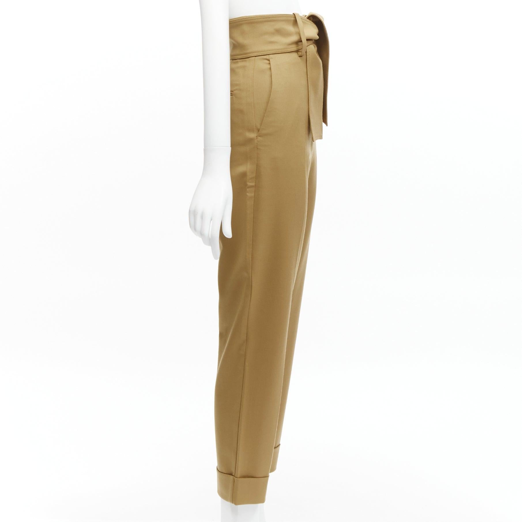 SARA BATTAGLIA khaki wool blend high waisted tie belt cuffed tapered pants In Excellent Condition For Sale In Hong Kong, NT