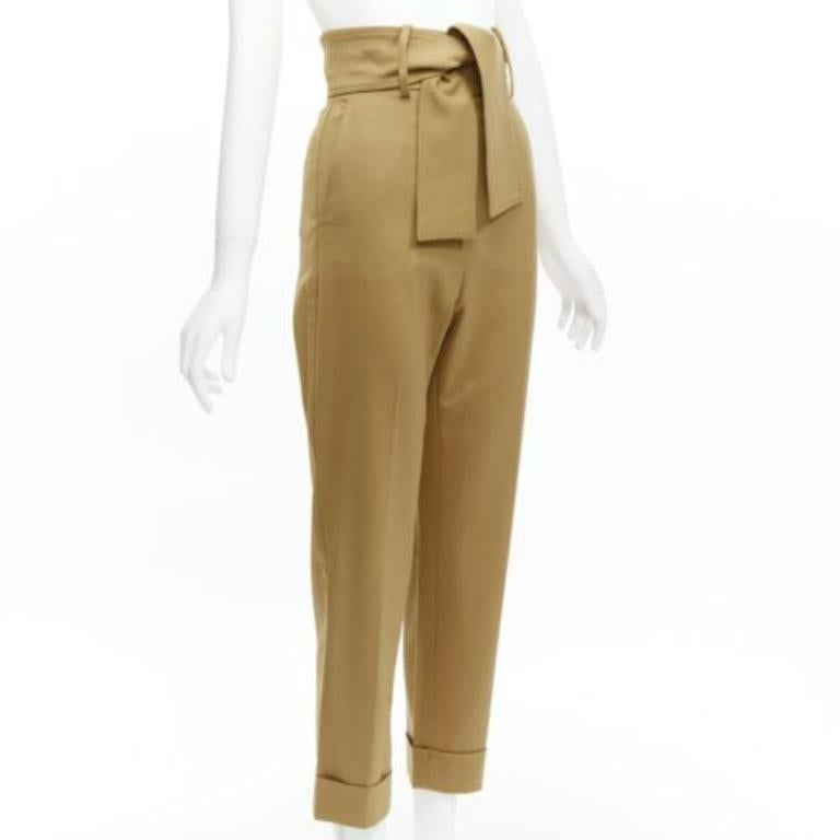 Brown SARA BATTAGLIA khaki wool high waisted tie belt cuffed tapered pants  IT36 XXS For Sale