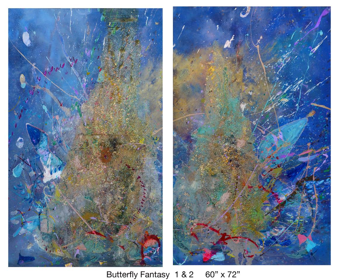 Schmetterlings Fantasie - Diptychon auf Leinwand – Mixed Media Art von Sara Conca