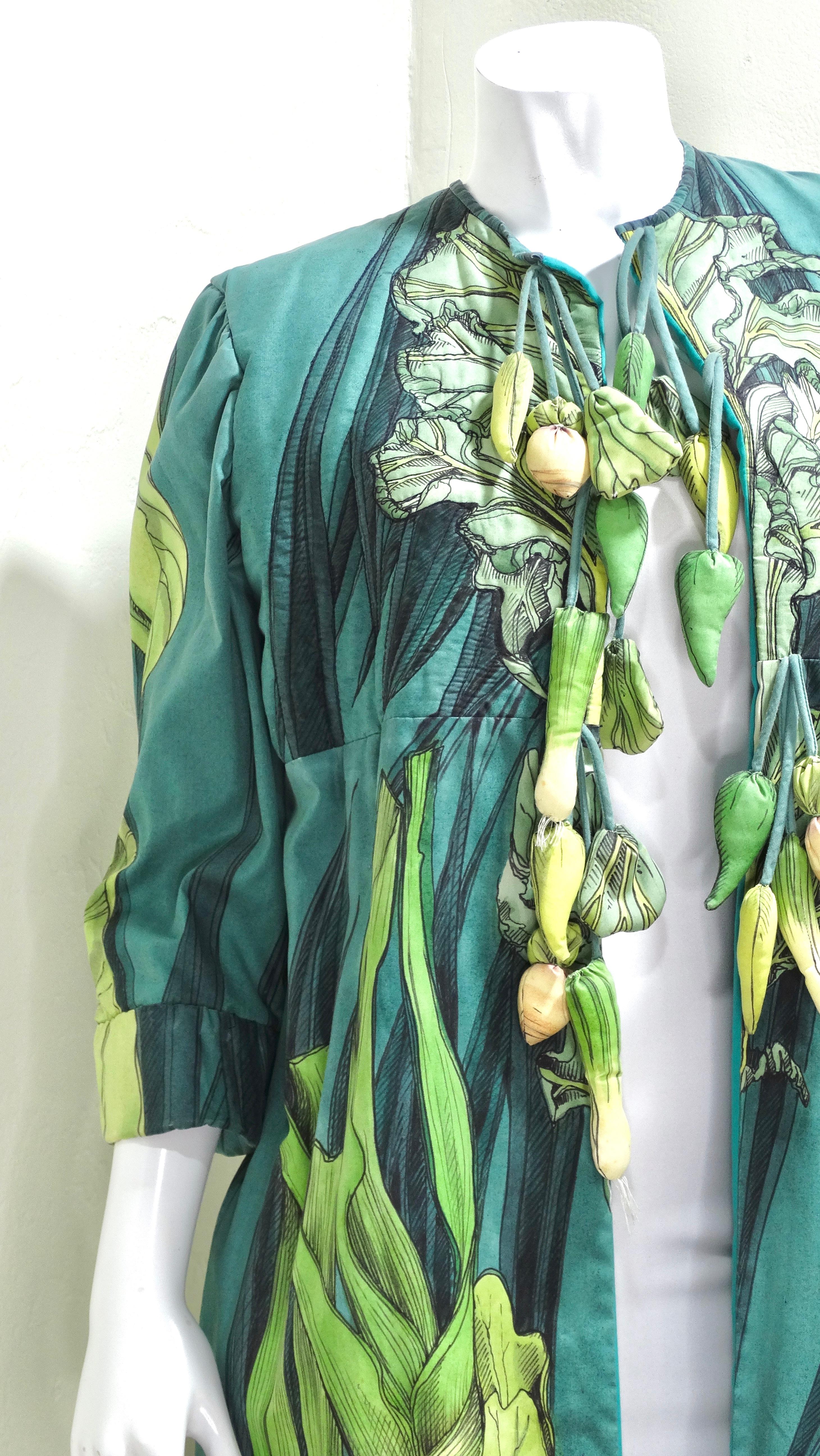 Eat your greens and wear your greens you green goddess!! This is a highly detailed embroidered and quilted Sara Drower duster! She used a fun vegetable print along with small quilted vegetable fringe pieces around the neckline. Pair this duster with