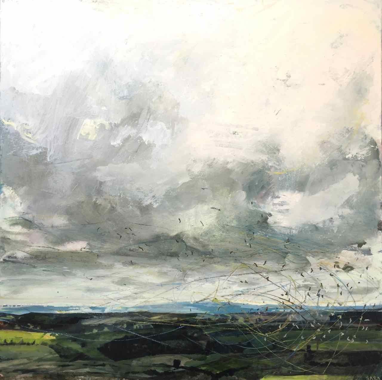 Fieldfares and Redwings (from Castleford Rigg), 2018 by Sara Dudman RWA, Oil on stretched canvas

Sara paints with very gestural mark making, and this painting is part of her body of work which interprets the fascinating interactions and