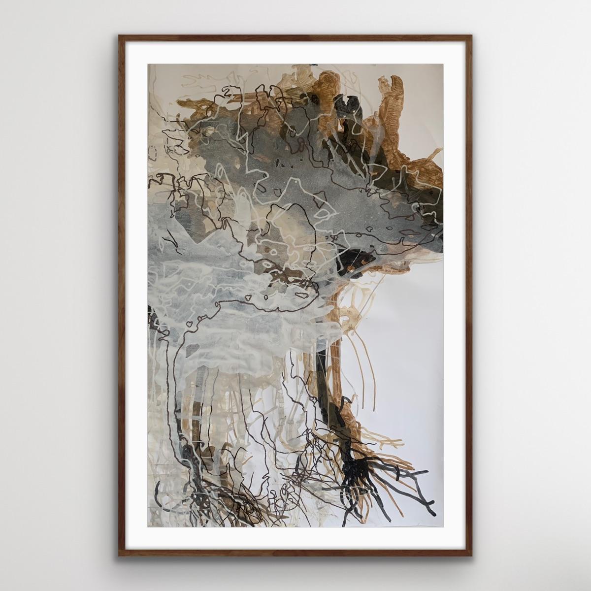 Sara paints with very gestural mark making, and this painting is part of her new body of work which expresses Sara’s thoughts about nature, the environment and mankind.  It is painted on paper using earth pigment paints which Sara has foraged from