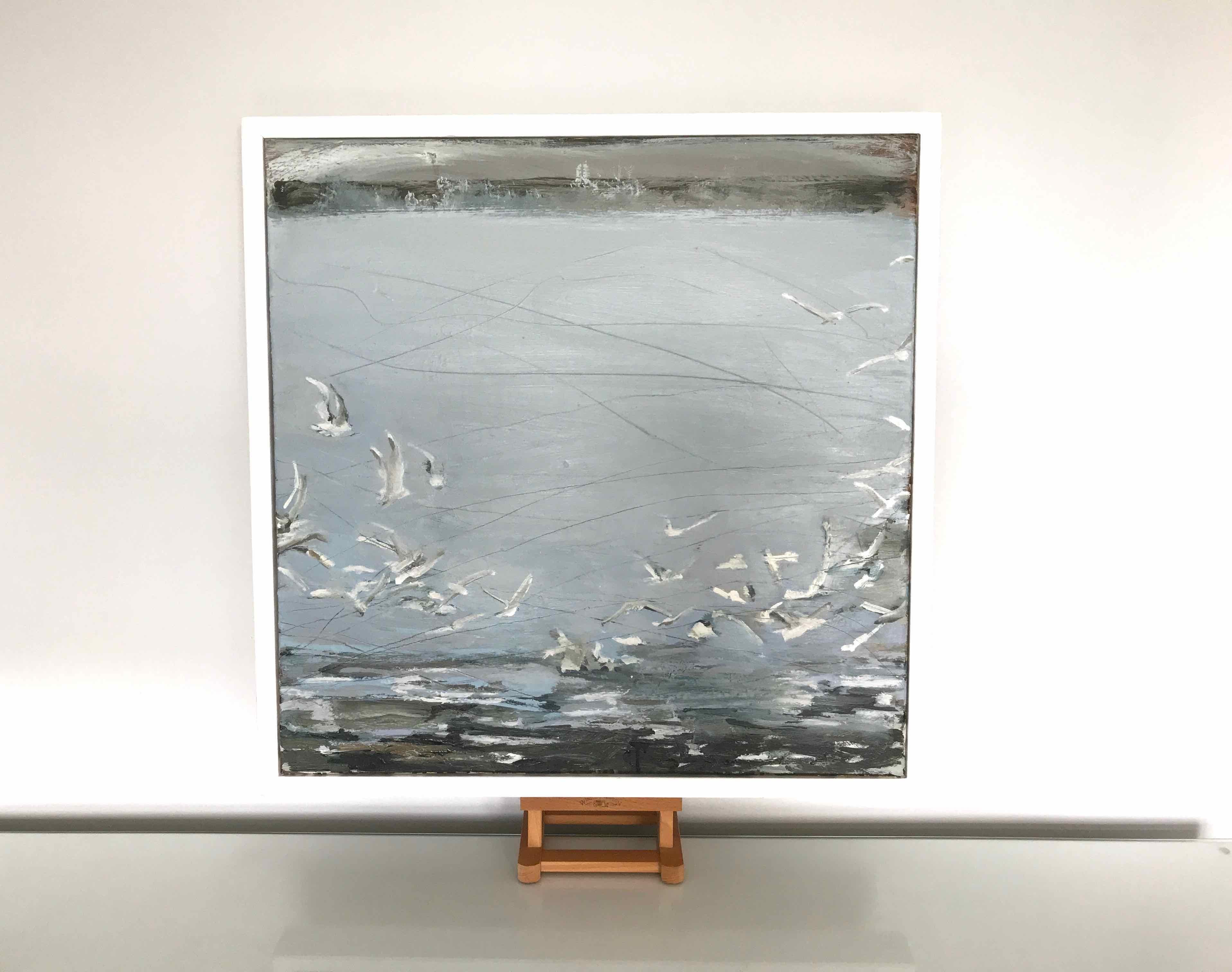 Incoming Tide: Oil Painting by Royal West Academician of Estuary and Gulls - Gray Animal Painting by Sara Dudman