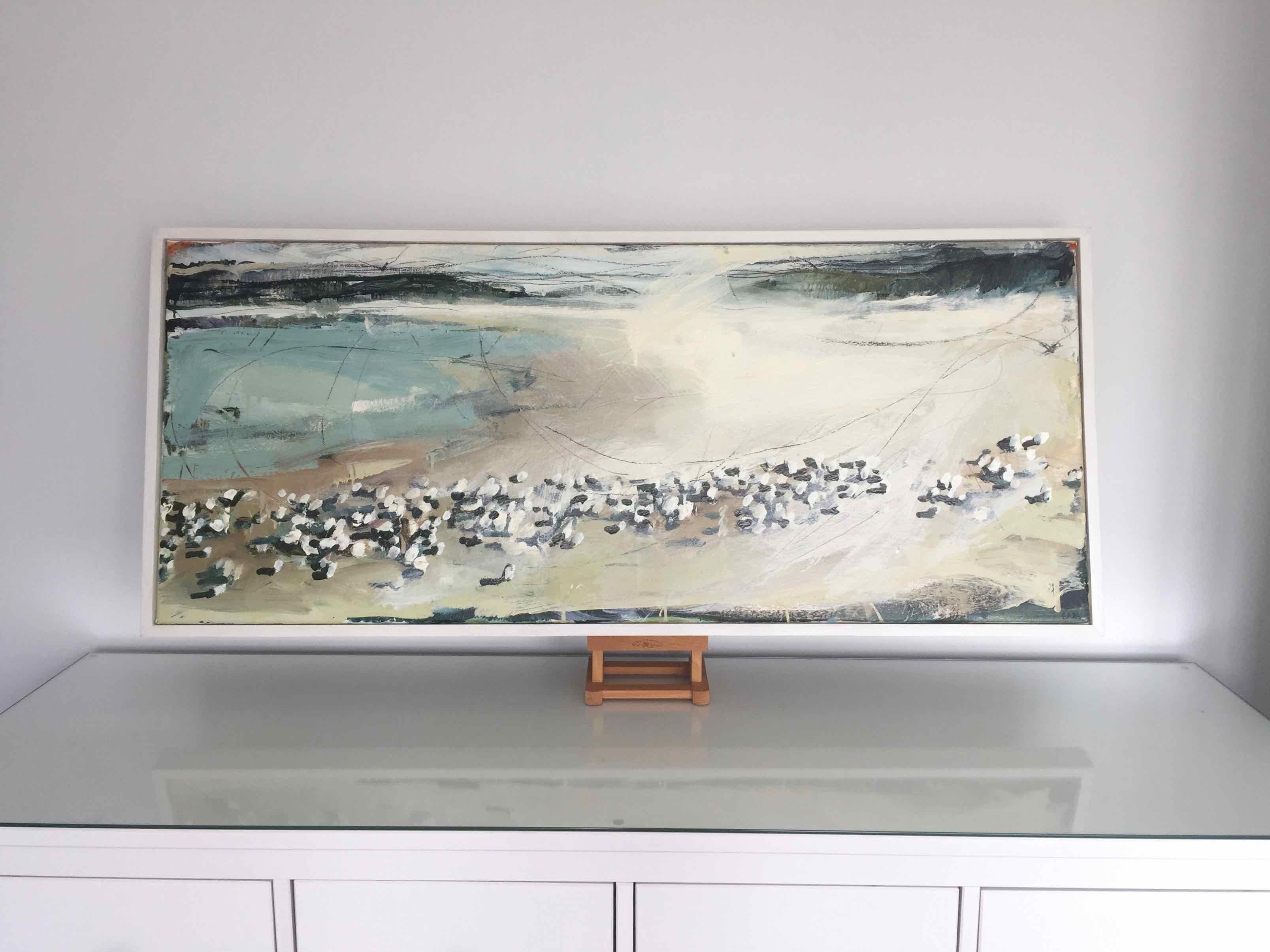 Sandpipers and Arctic Terns 2 (Northumberland) by Sara Dudman RWA, 2016, Oil on stretched canvas, 48 4/5 × 21 3/10 × 1 3/5 in; 124 × 54 × 4 cm

Sara paints with very gestural mark making, and this painting is part of her body of work which