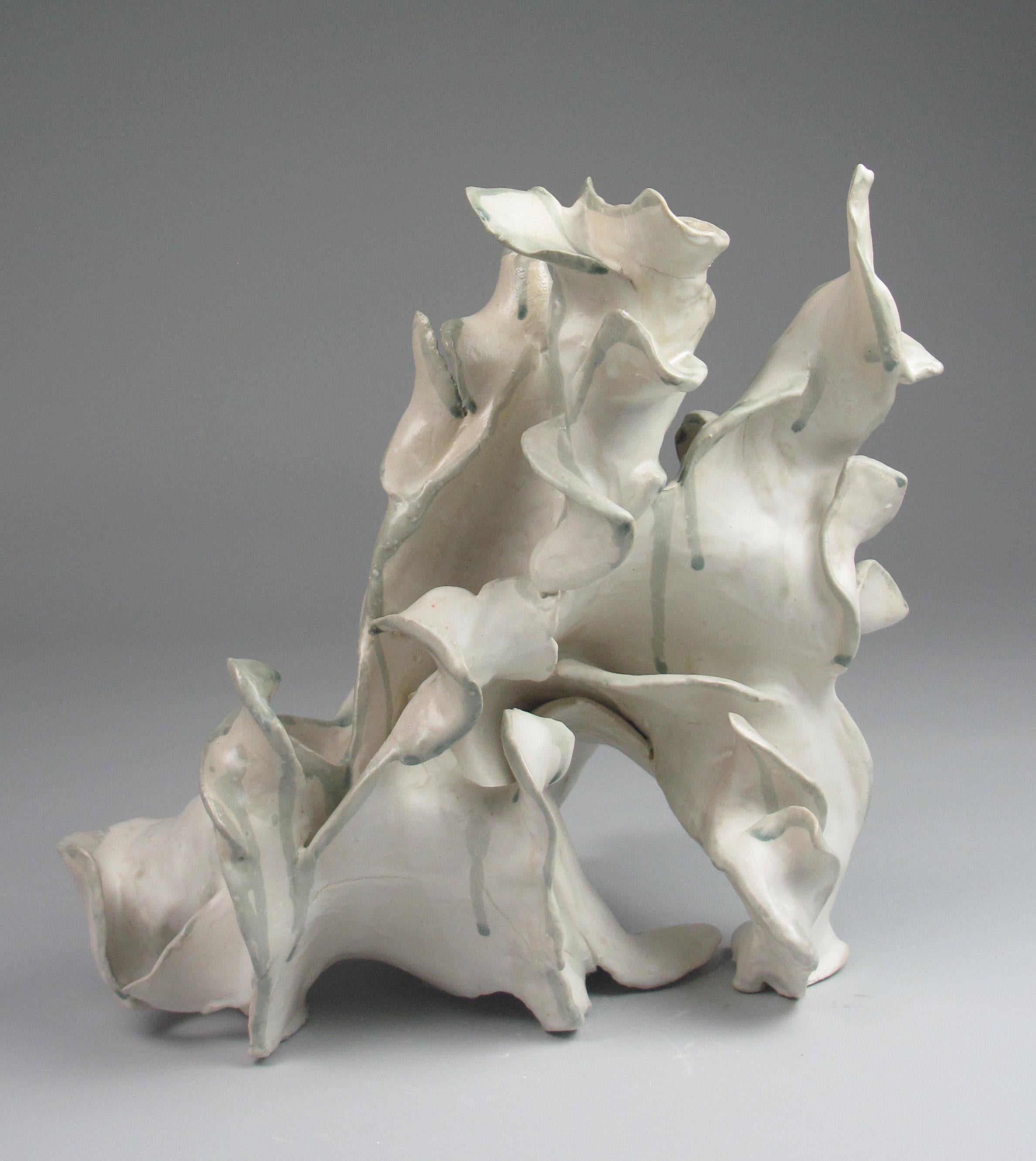 "Bloom", gestural, ceramic, white, cream, grey, teal, stoneware, sculpture - Sculpture by Sara Fine-Wilson