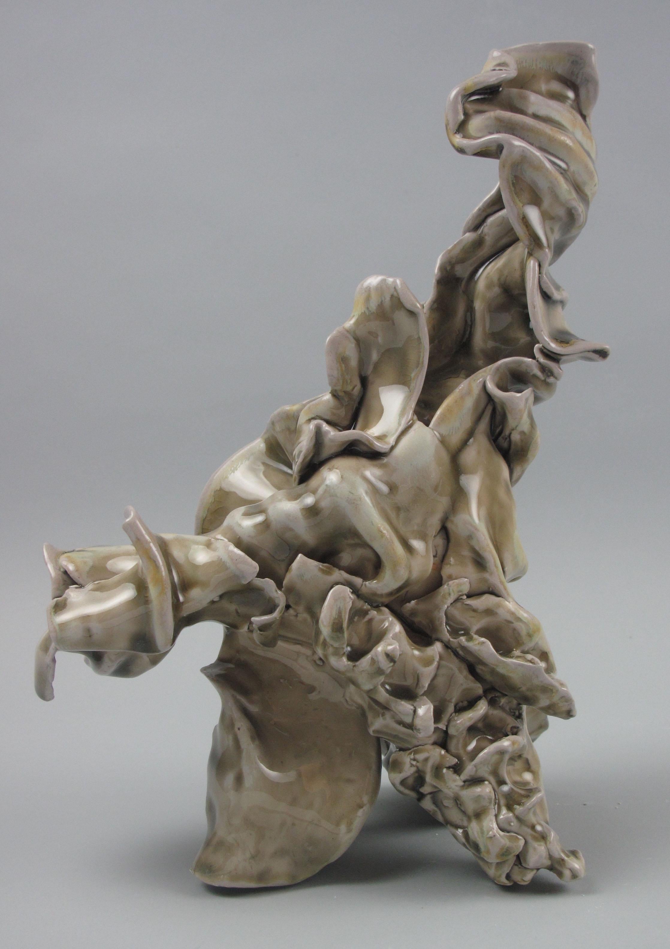 Sara Fine-Wilson Abstract Sculpture - "Carry", gestural, ceramic, sculpture, green, yellow, brown, white, stoneware