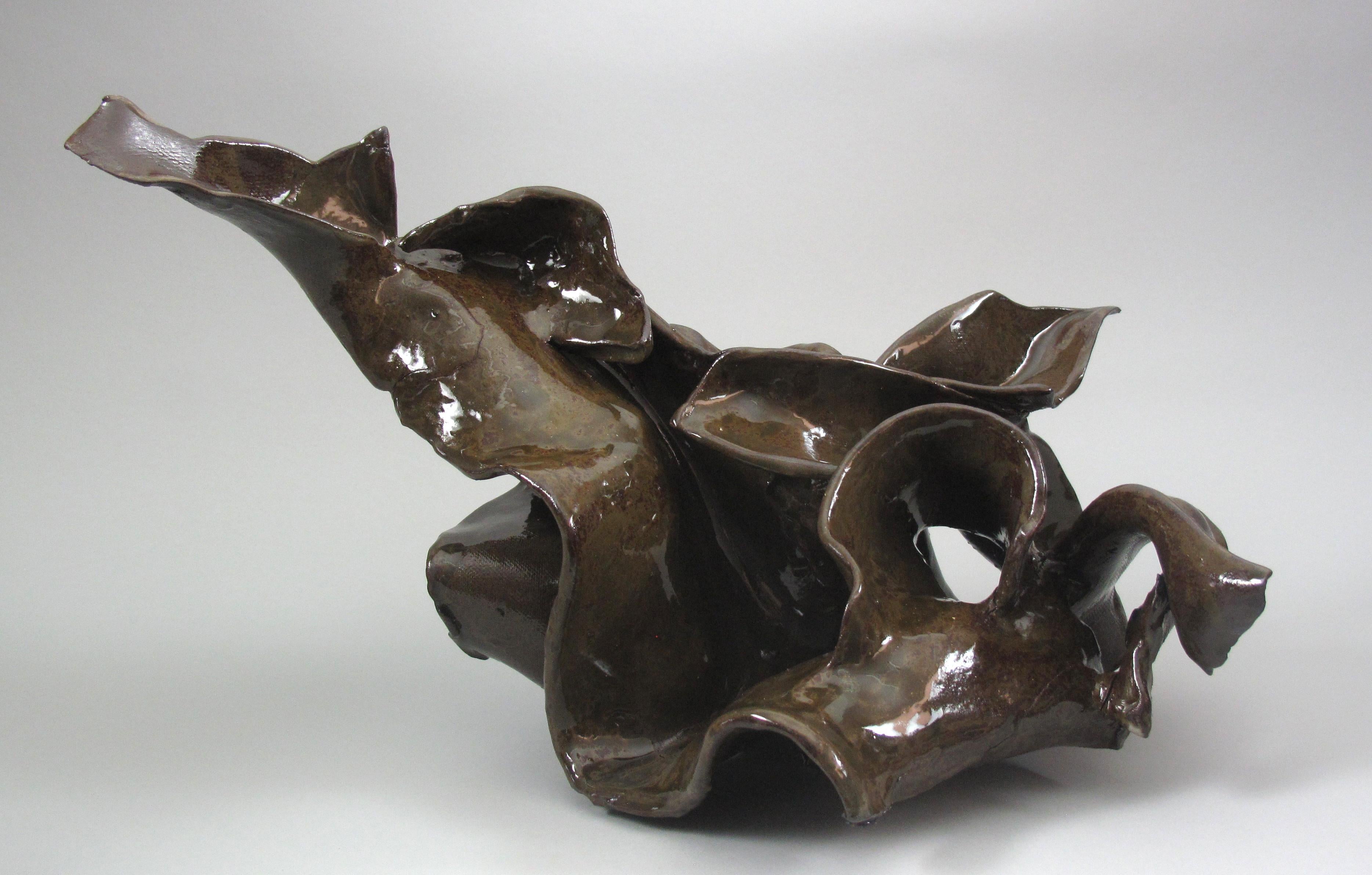 "Contract", gestural, ceramic, brown, black, stoneware, sculpture - Sculpture by Sara Fine-Wilson