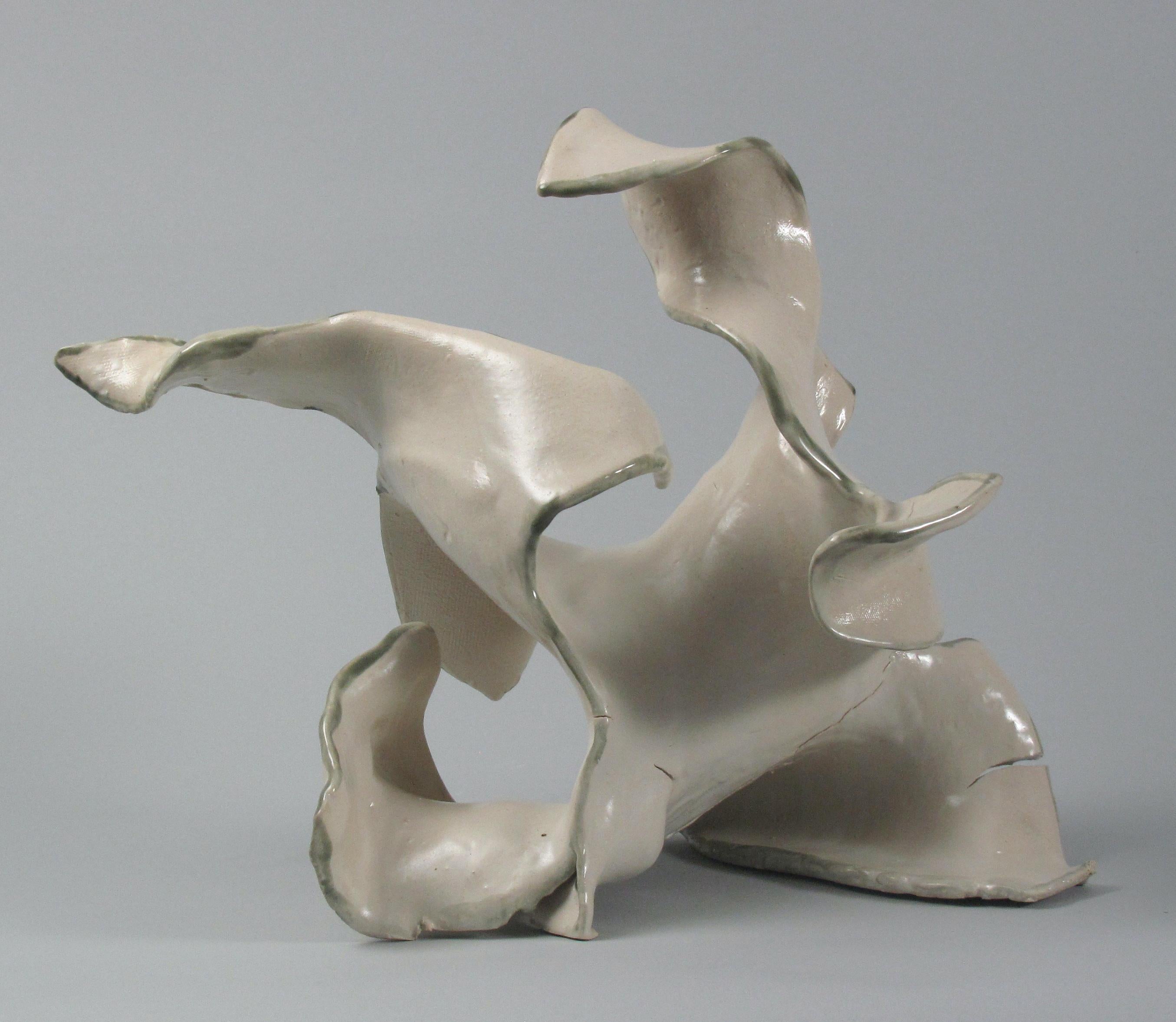 Sara Fine-Wilson Abstract Sculpture - "Fractured", gestural, ceramic, sculpture, white, cream, grey, teal, stoneware