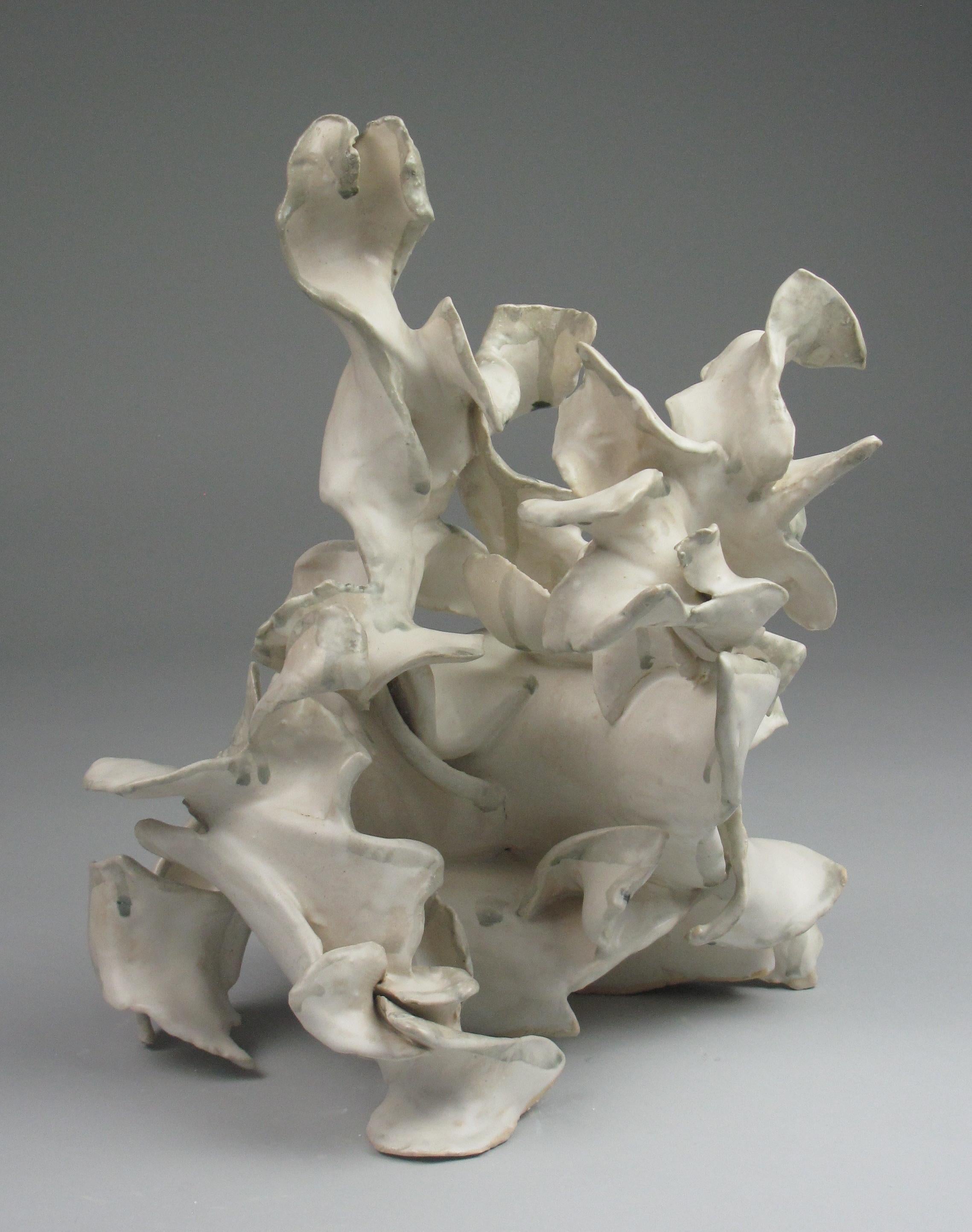 Sara Fine-Wilson Abstract Sculpture - "Heap", gestural, ceramic, sculpture, white, cream, grey, teal, stoneware
