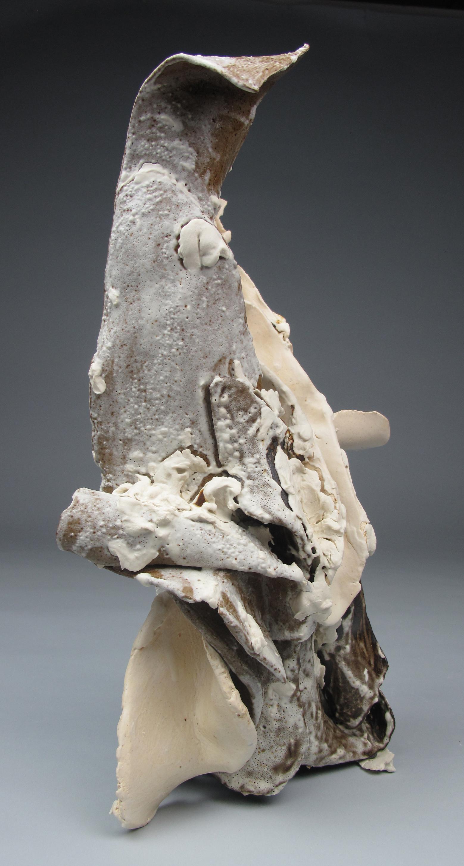 Sara Fine-Wilsons ”Jagged” is a gestural 16 x 9.5 x 6 inch ceramic sculpture in shades of brown, white and cream. In this powerful and evocative sculpture individual slab and pinched elements formed from multiple clay body types are assembled,