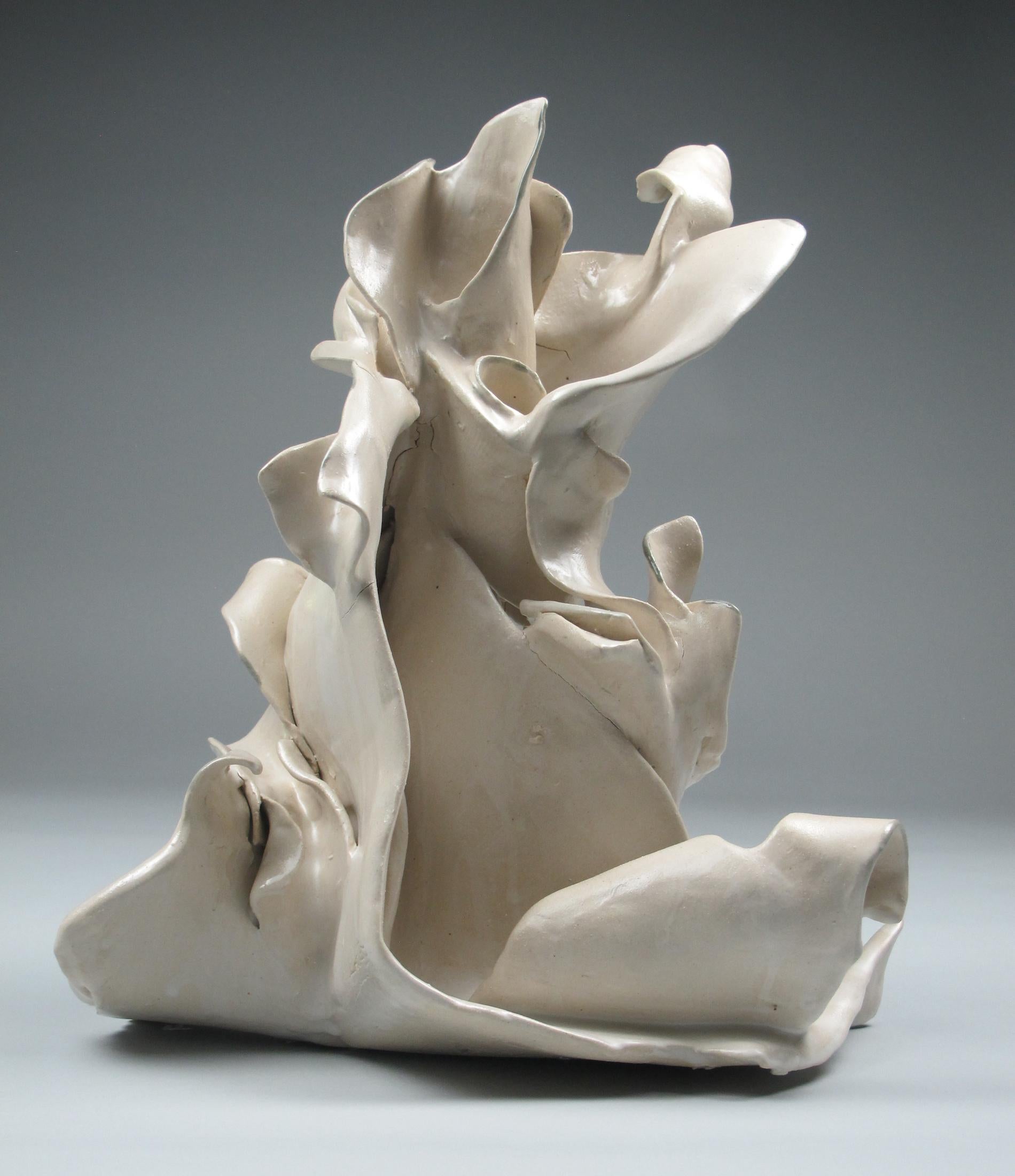 "Open", gestural, ceramic, sculpture, white, cream, blue, grey, stoneware