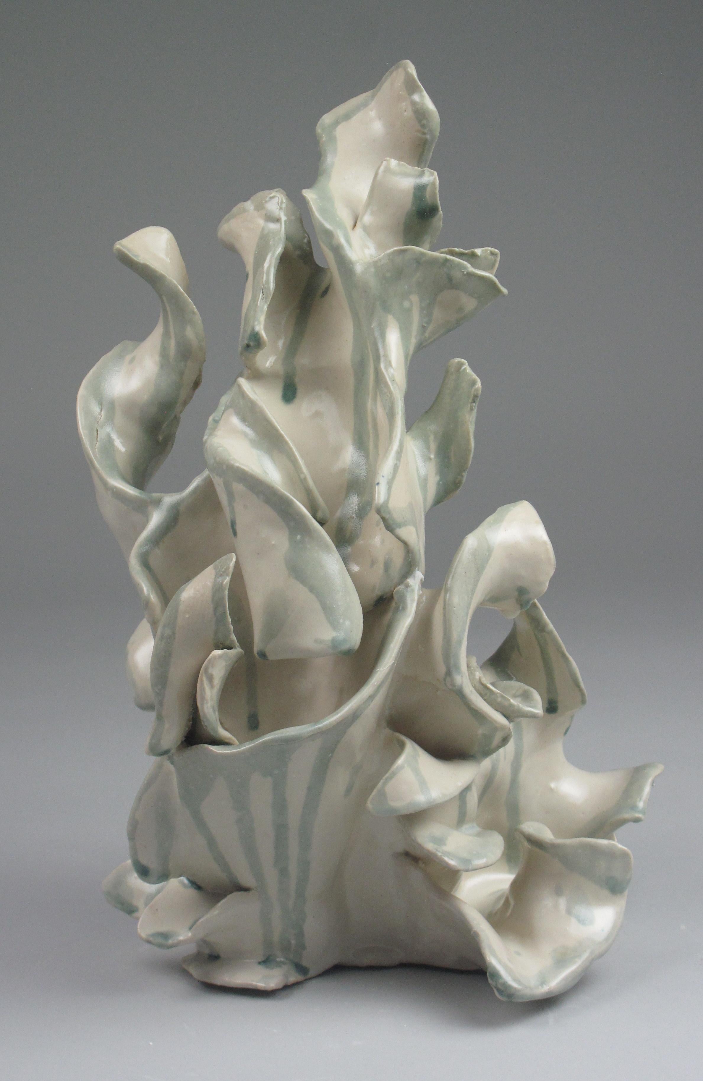 "Plume", gestural, ceramic, sculpture, white, cream, grey, teal, stoneware - Sculpture by Sara Fine-Wilson
