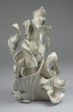 "Plume", gestural, ceramic, sculpture, white, cream, grey, teal, stoneware