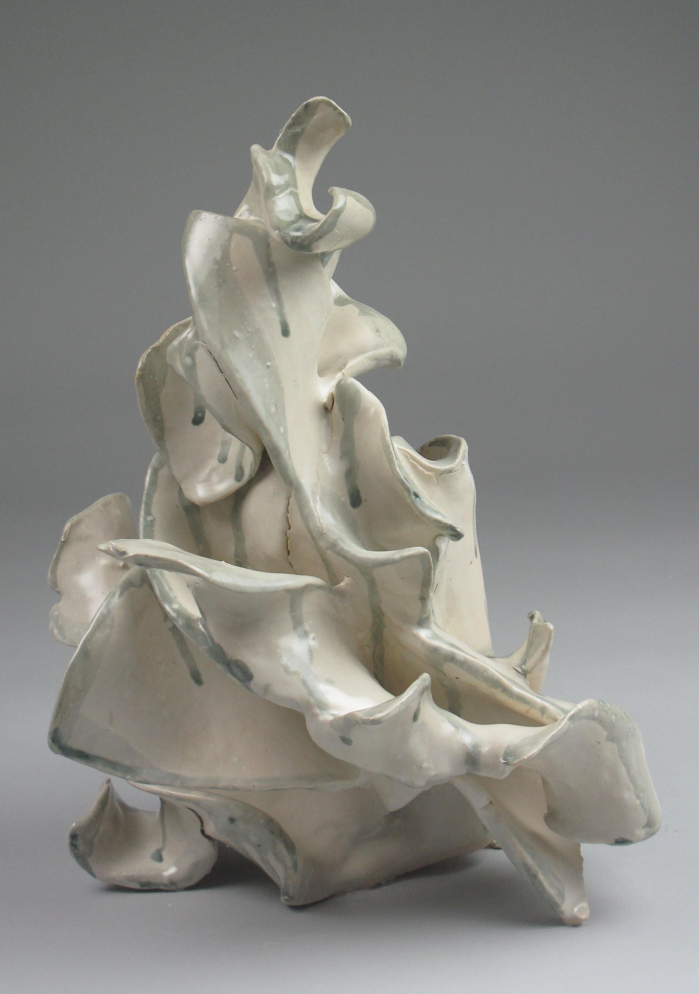 Sara Fine-Wilson Abstract Sculpture - "Polyp", gestural, ceramic, sculpture, white, cream, grey, teal, stoneware
