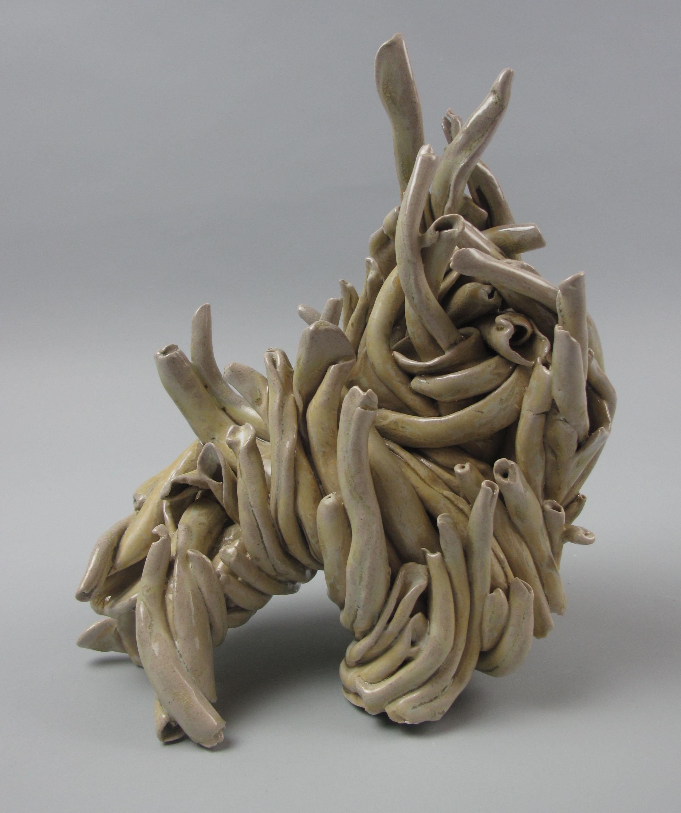 "Poodle", gestural, ceramic, sculpture,  yellow, green, tan, pink, stoneware - Sculpture by Sara Fine-Wilson