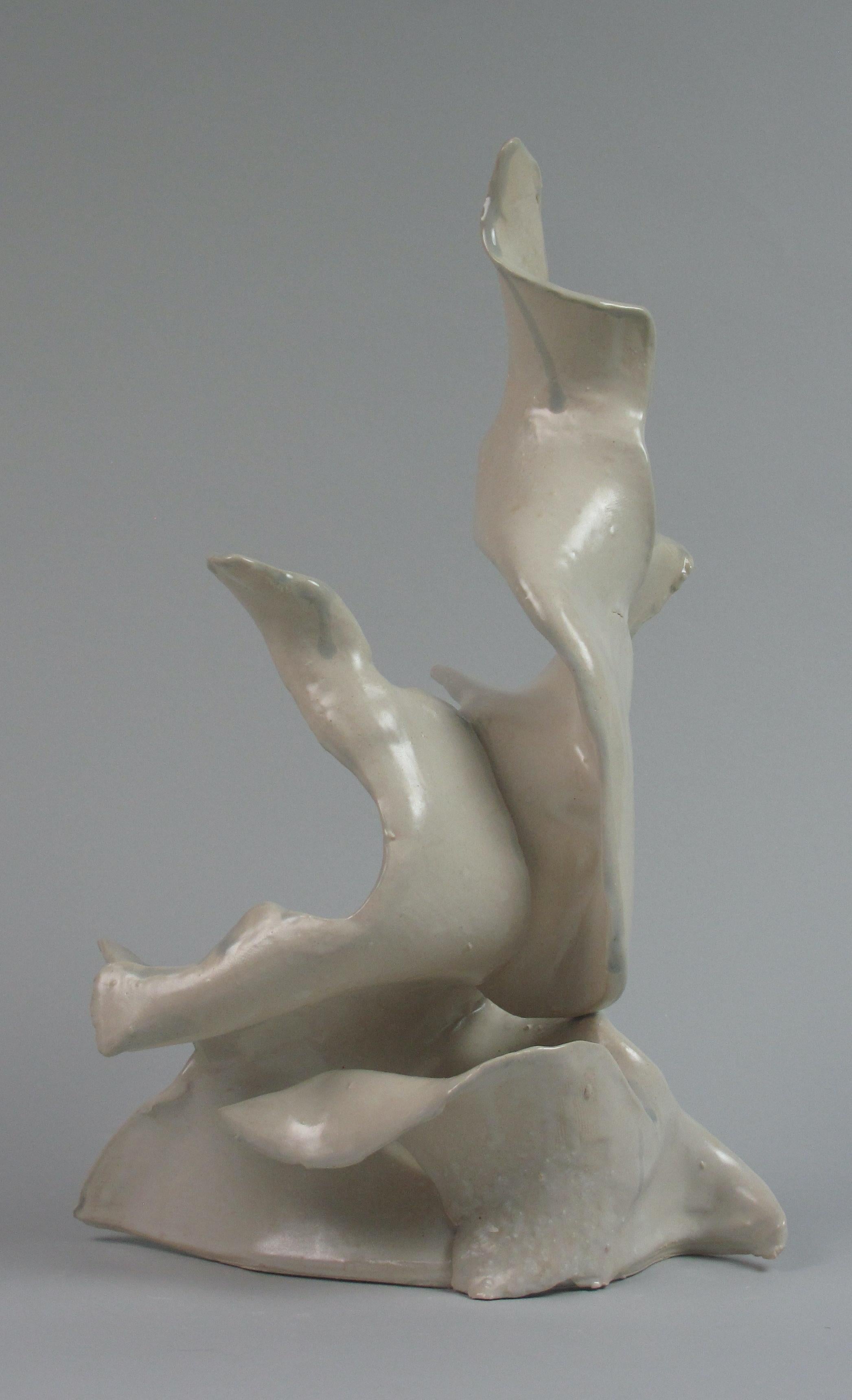 "Quiet", gestural, ceramic, sculpture, white, cream, teal, stoneware - Sculpture by Sara Fine-Wilson