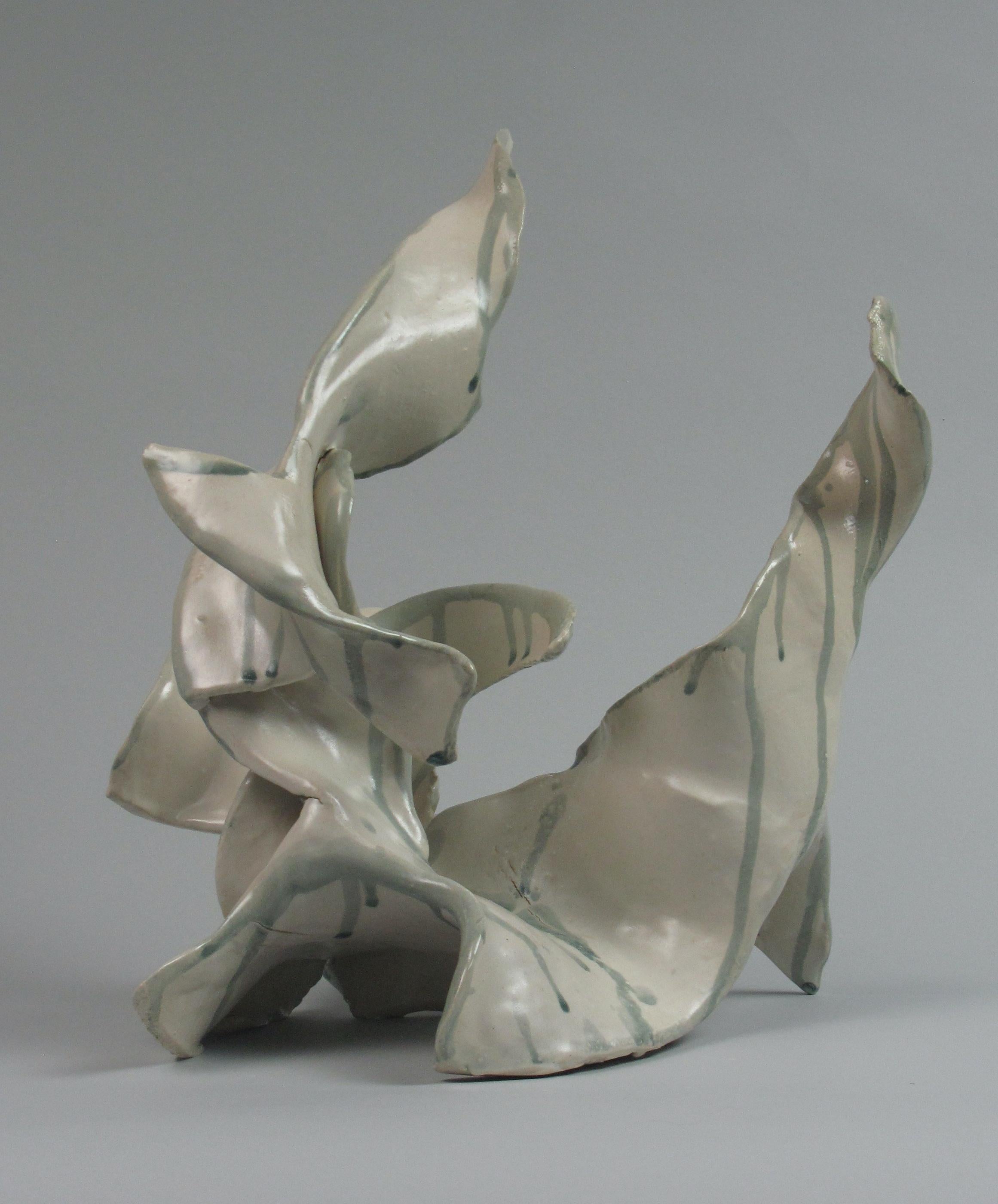 "Runny", gestural, ceramic, sculpture, white, cream, teal, stoneware - Sculpture by Sara Fine-Wilson