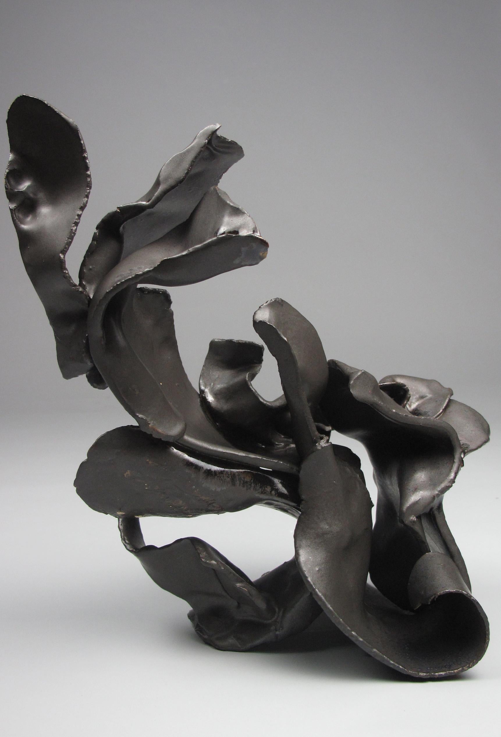 Sara Fine-Wilson Abstract Sculpture - "Tuck", gestural, ceramic, sculpture,  matte black, amber, stoneware
