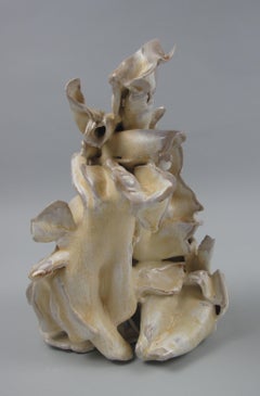 "Wave", gestural, ceramic, sculpture, yellow, cream, white, brown, stoneware