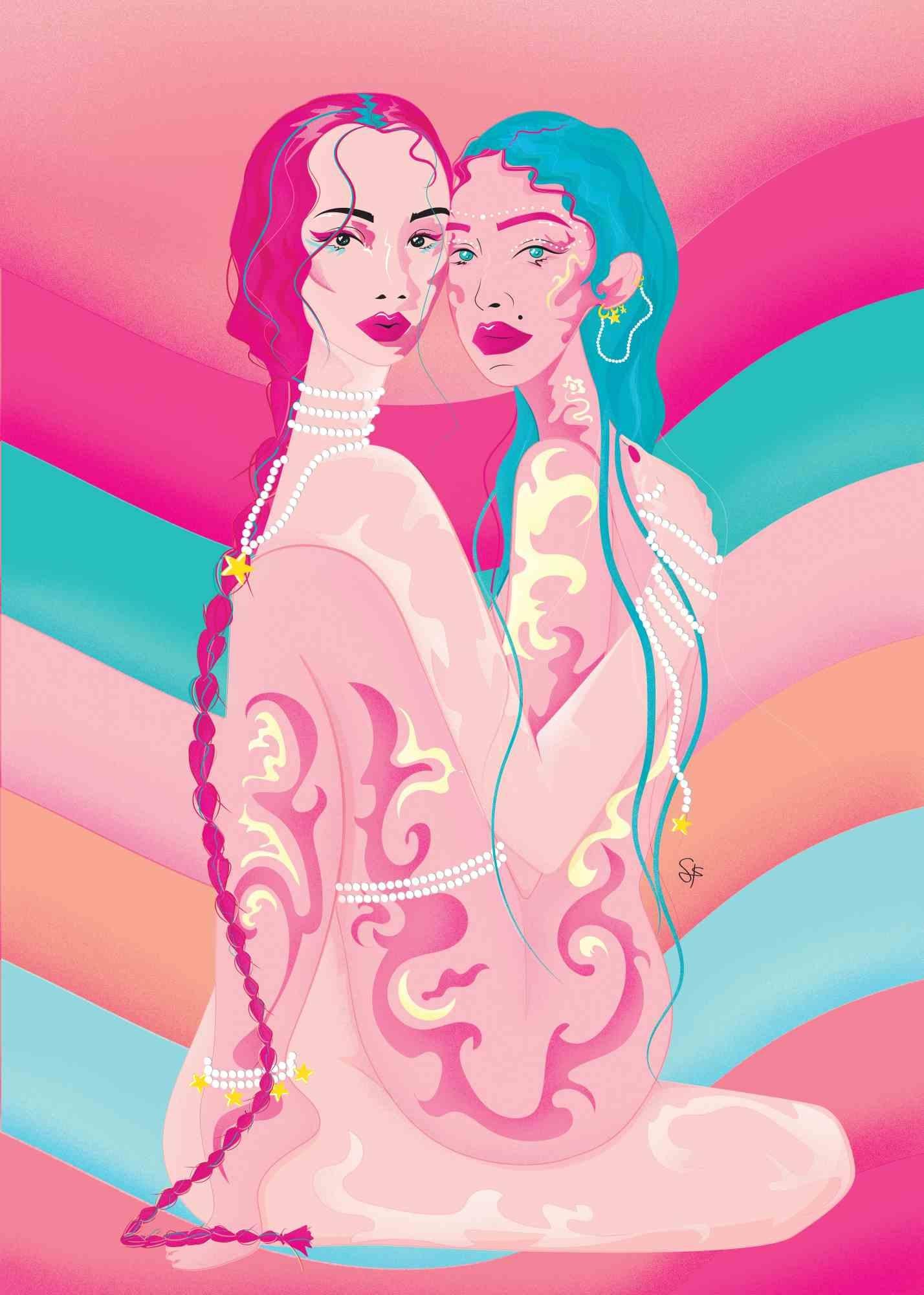 Illustration on paper (giclée print) realized by the Italian artist Sara Franzese in 2022.
Edition of 5. Hand-signed and numbered
Two sisters are two colorful souls, one holds and protects the other. Everything is an explosion of bright colours